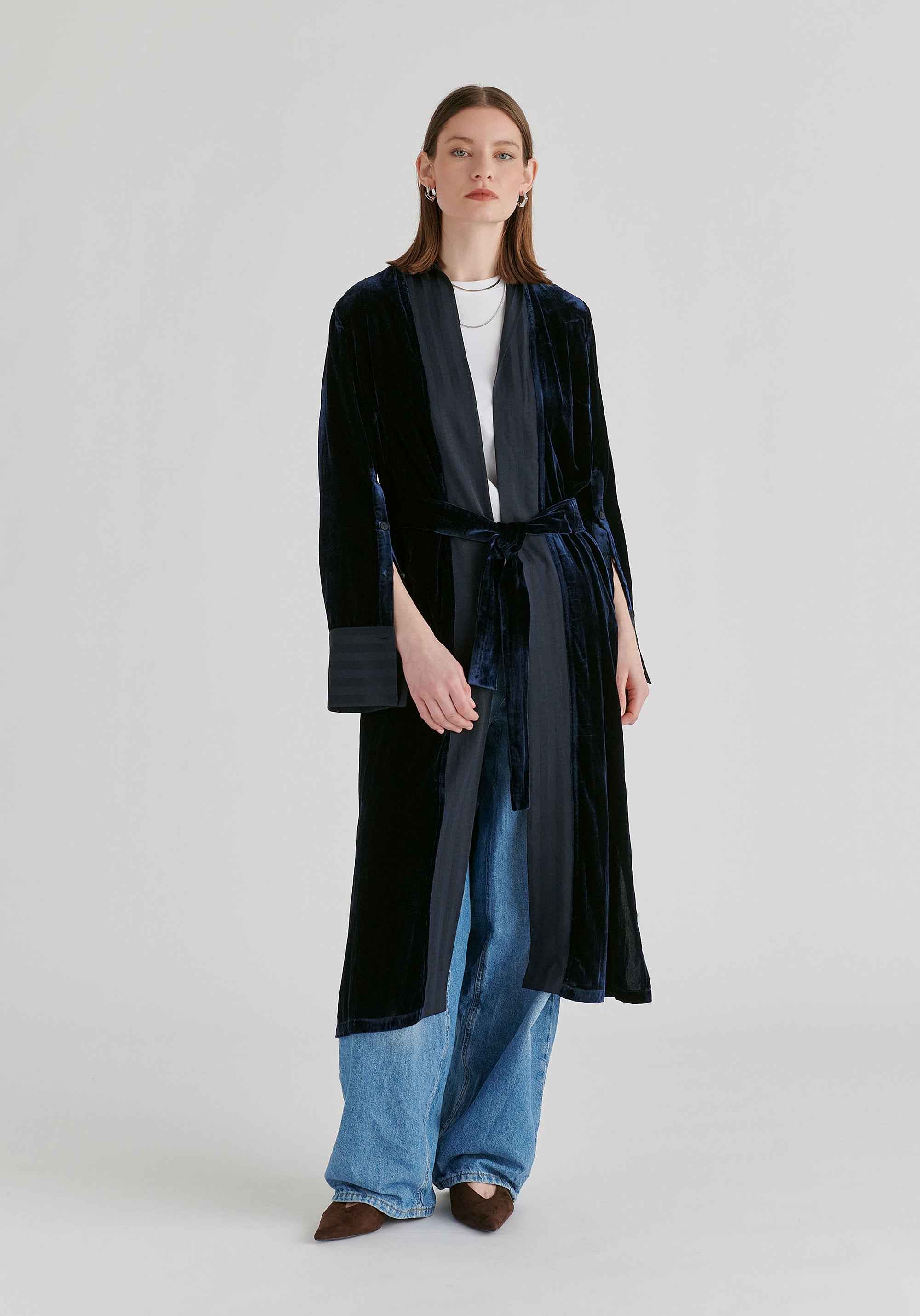 Velvet Open-Front Duster Coat with Striped Contrast Panels in Navy Front