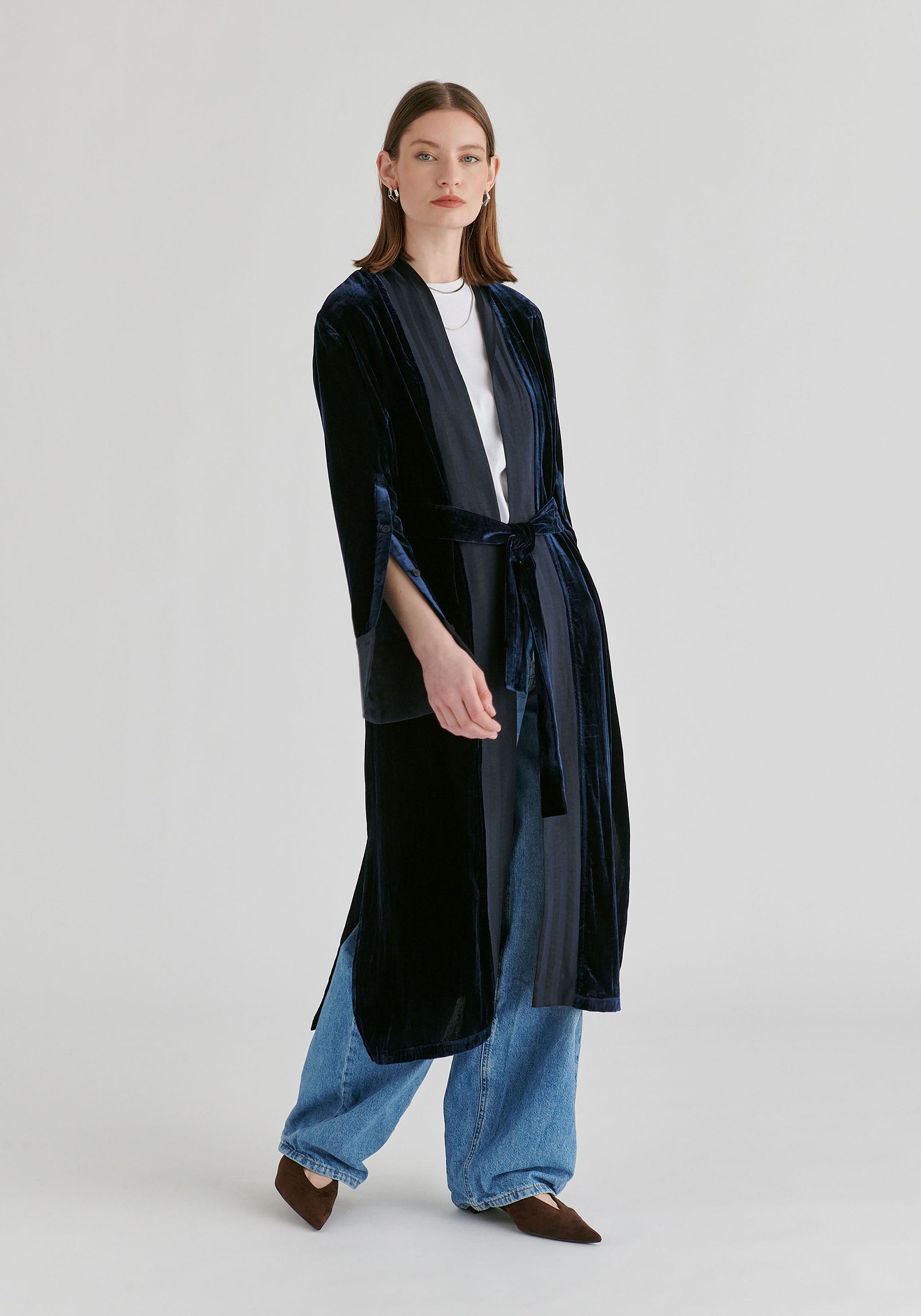 Velvet Open-Front Duster Coat with Striped Contrast Panels in Navy Side