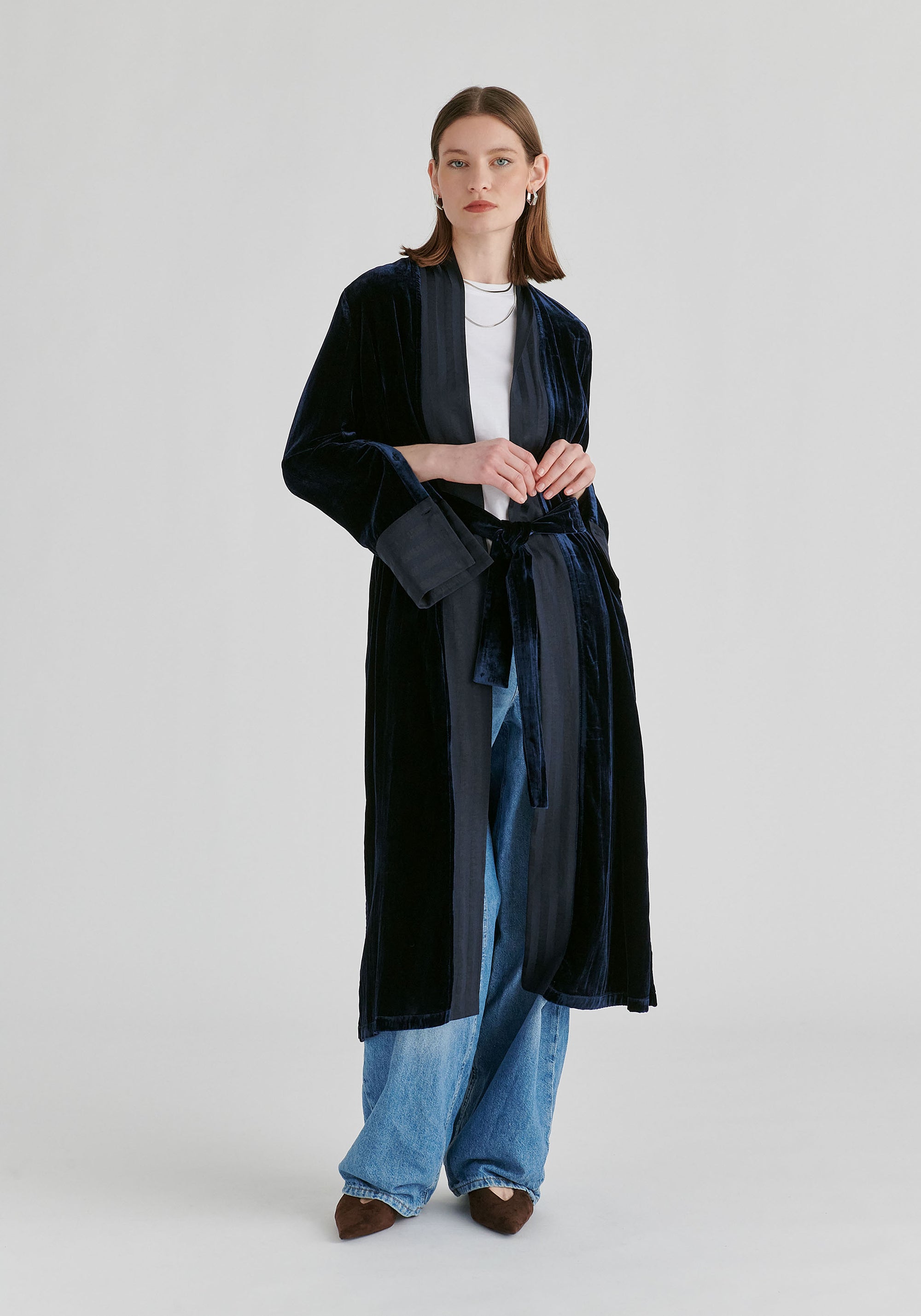 Velvet Open-Front Duster Coat with Striped Contrast Panels in Navy Front