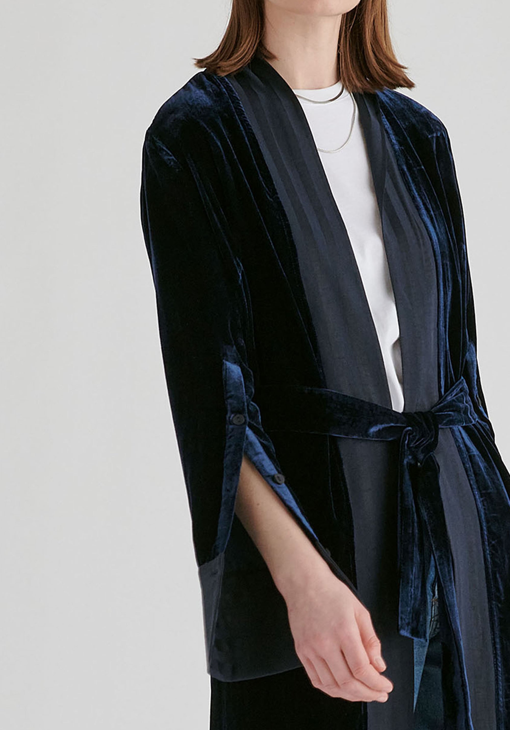 Velvet Open-Front Duster Coat with Striped Contrast Panels in Navy Closeup