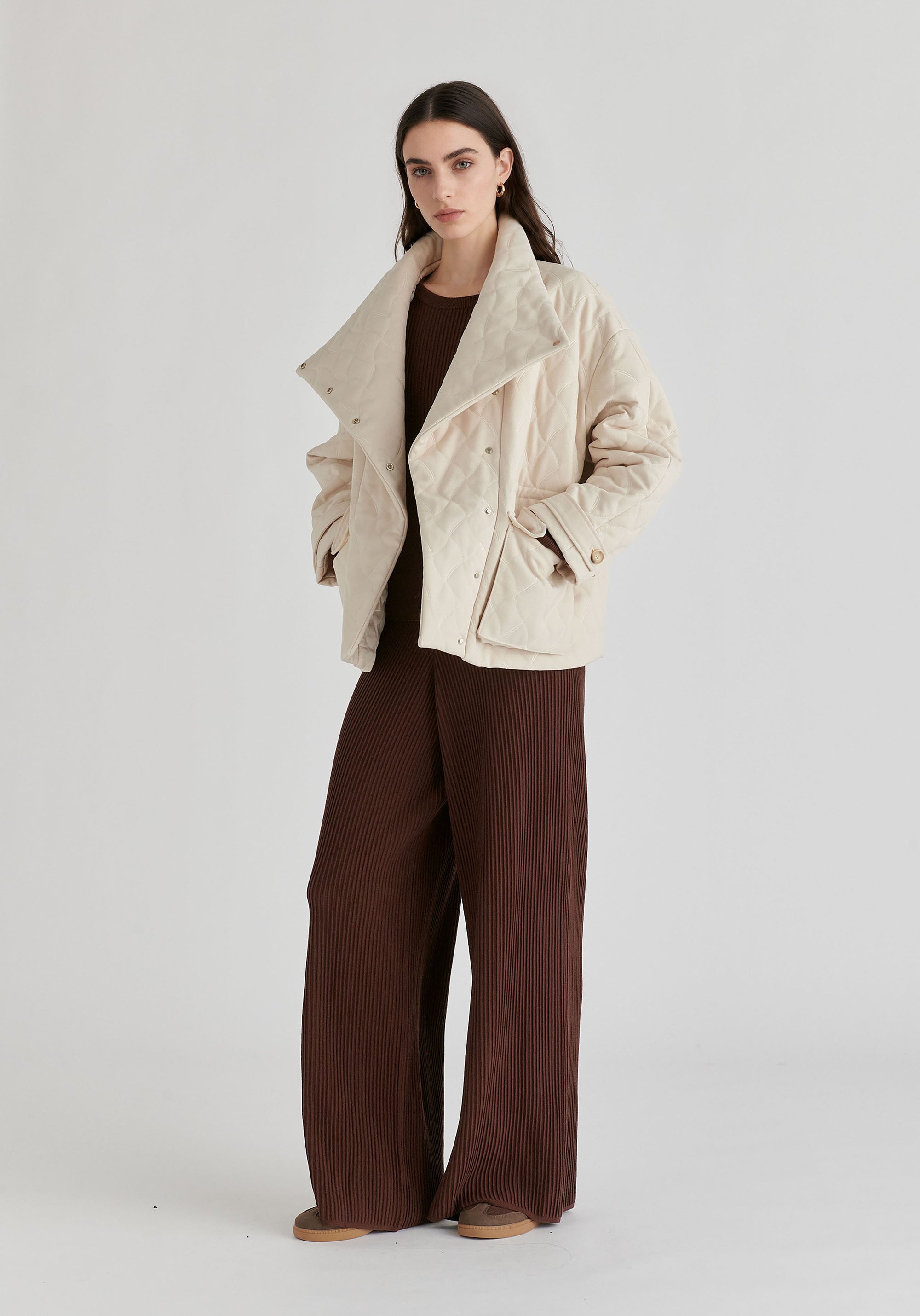 Double Breasted Diamond Quilted Utility Jacket Drawstring Waist in Cream Side