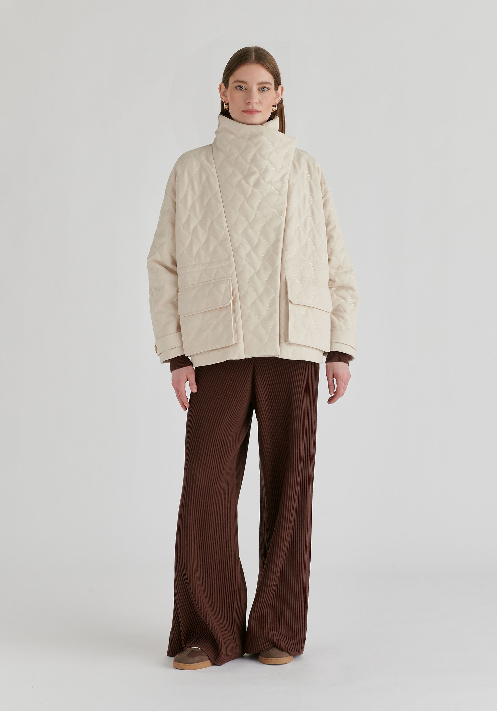 Double Breasted Diamond Quilted Utility Jacket Drawstring Waist in Cream Front