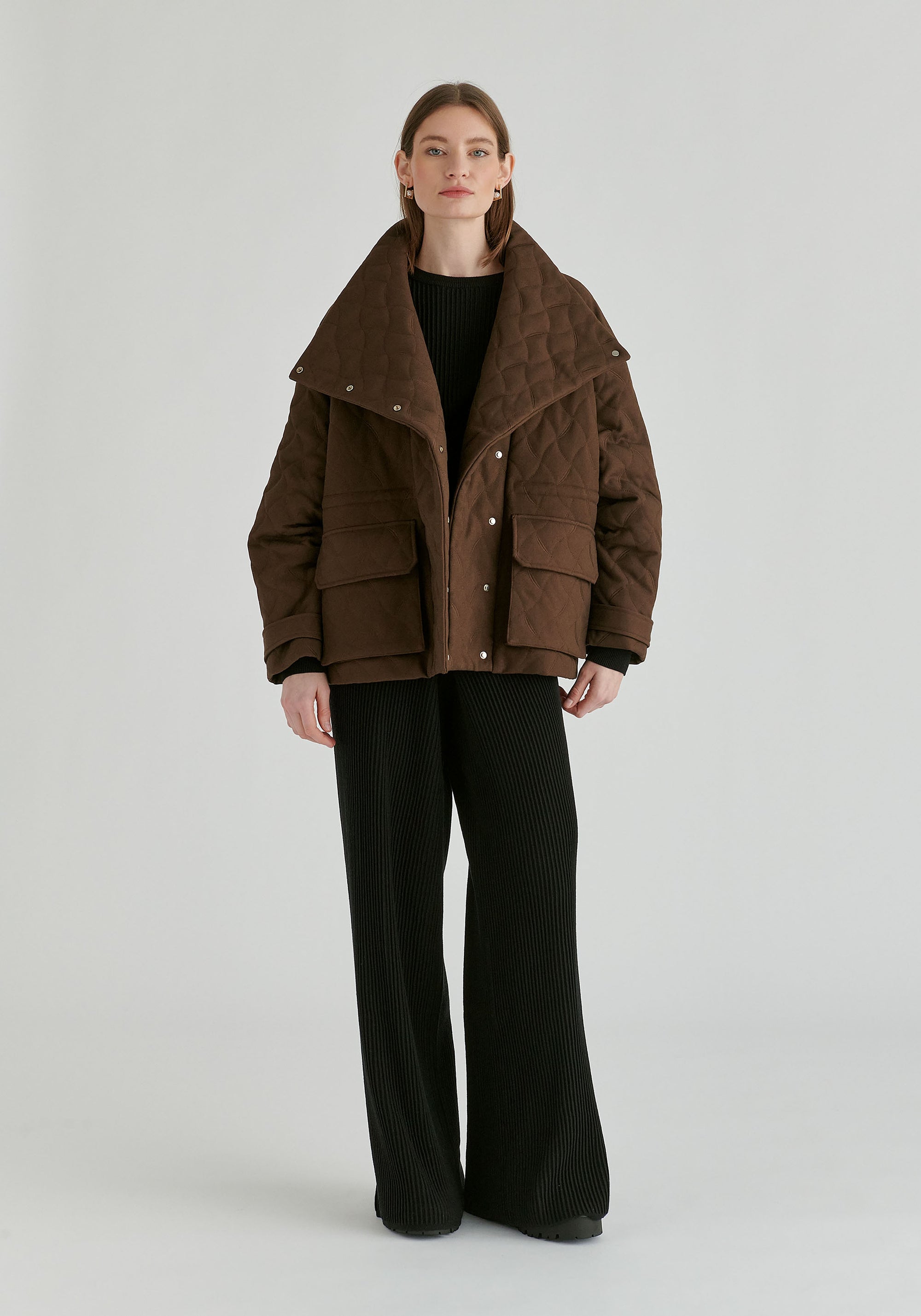Double Breasted Diamond Quilted Utility Jacket Drawstring Waist in Brown Front