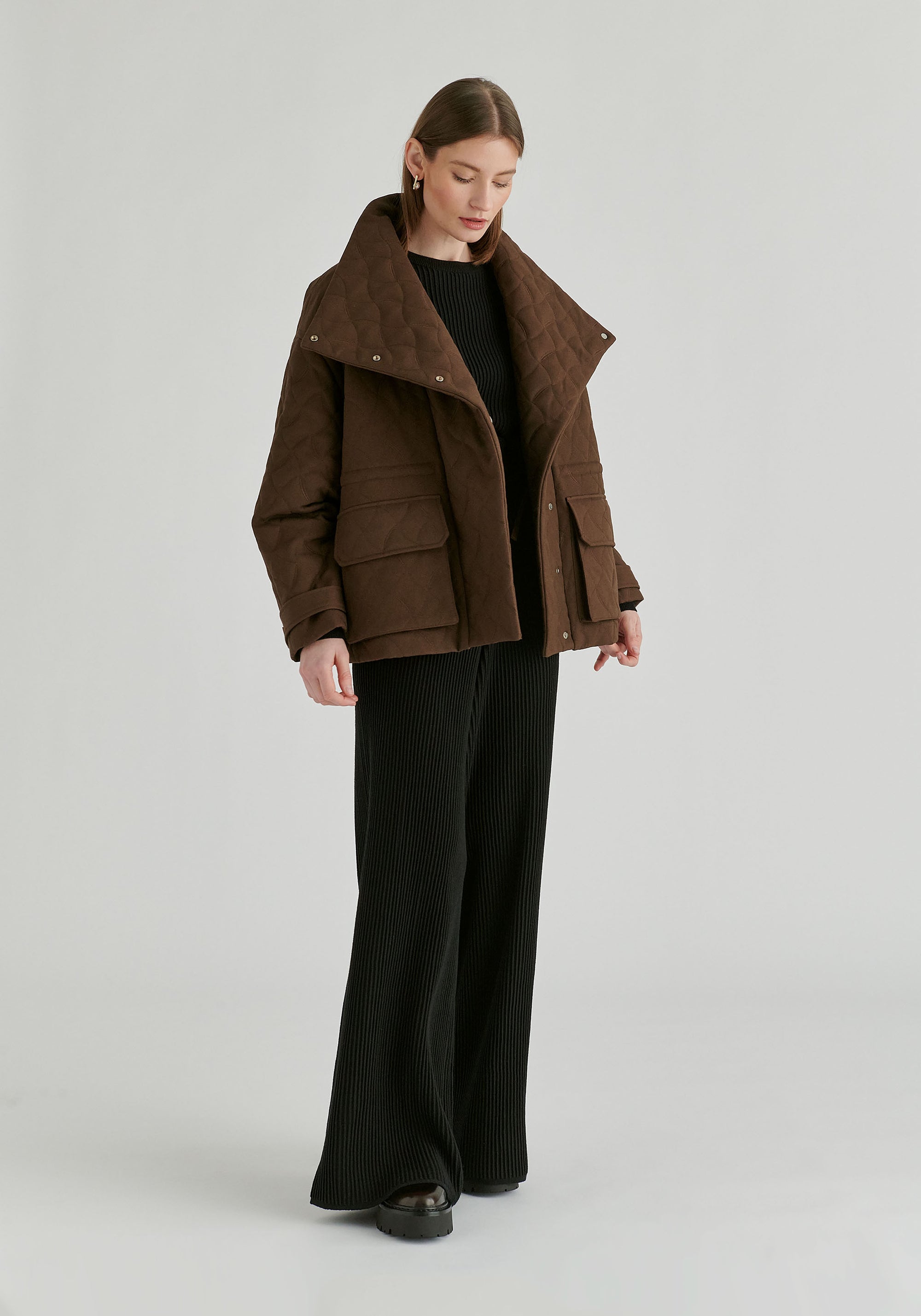Double Breasted Diamond Quilted Utility Jacket Drawstring Waist in Brown Side