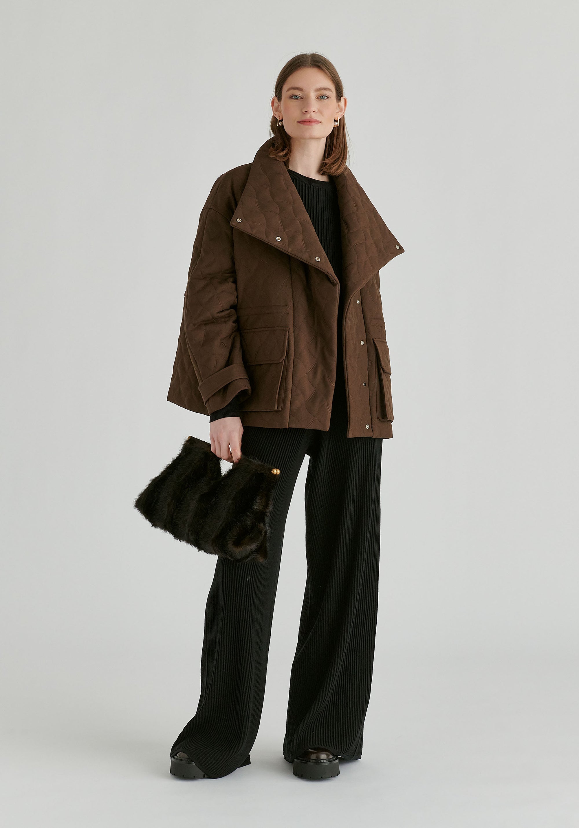Double Breasted Diamond Quilted Utility Jacket Drawstring Waist in Brown Front