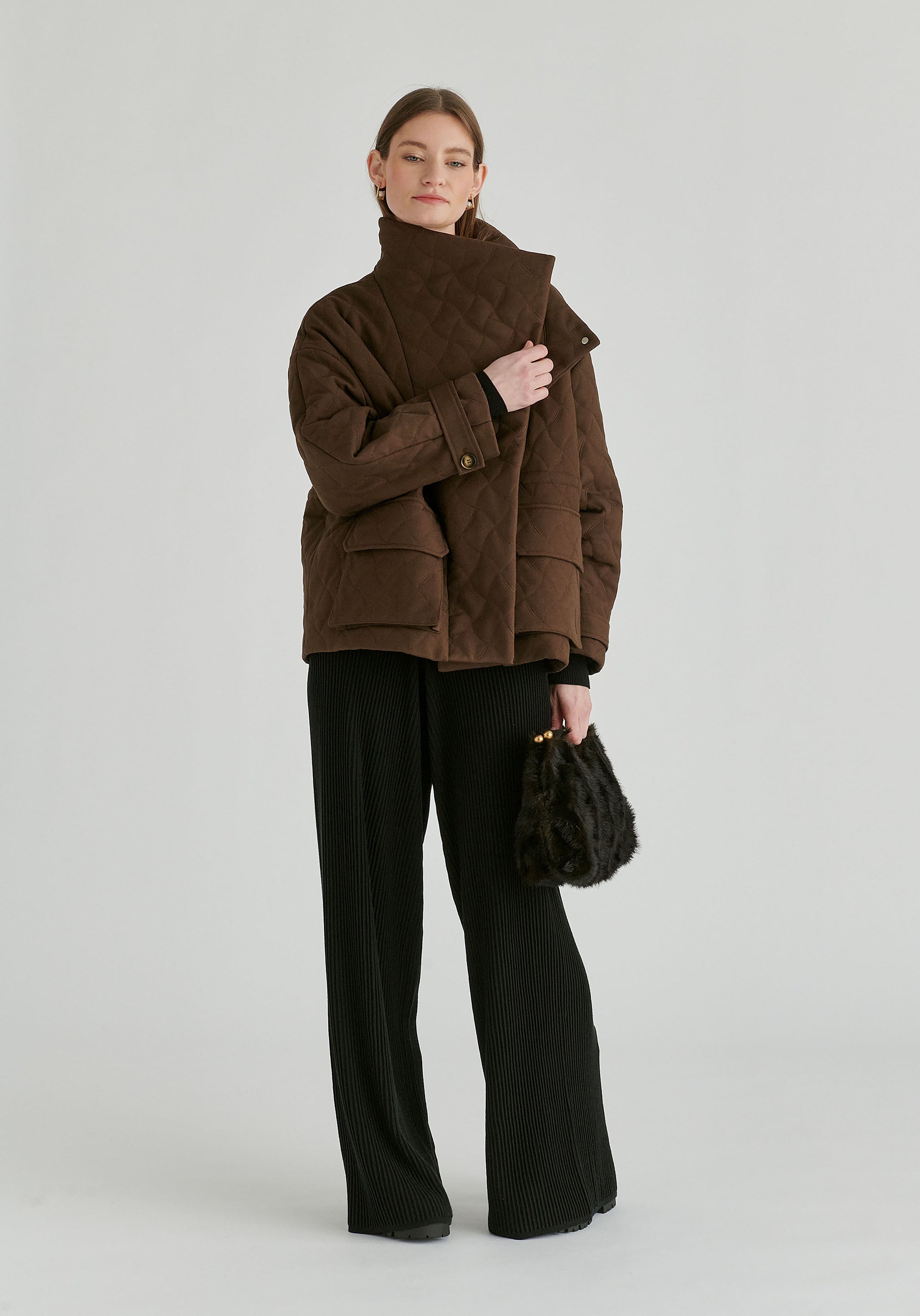 Double Breasted Diamond Quilted Utility Jacket Drawstring Waist in Brown Front