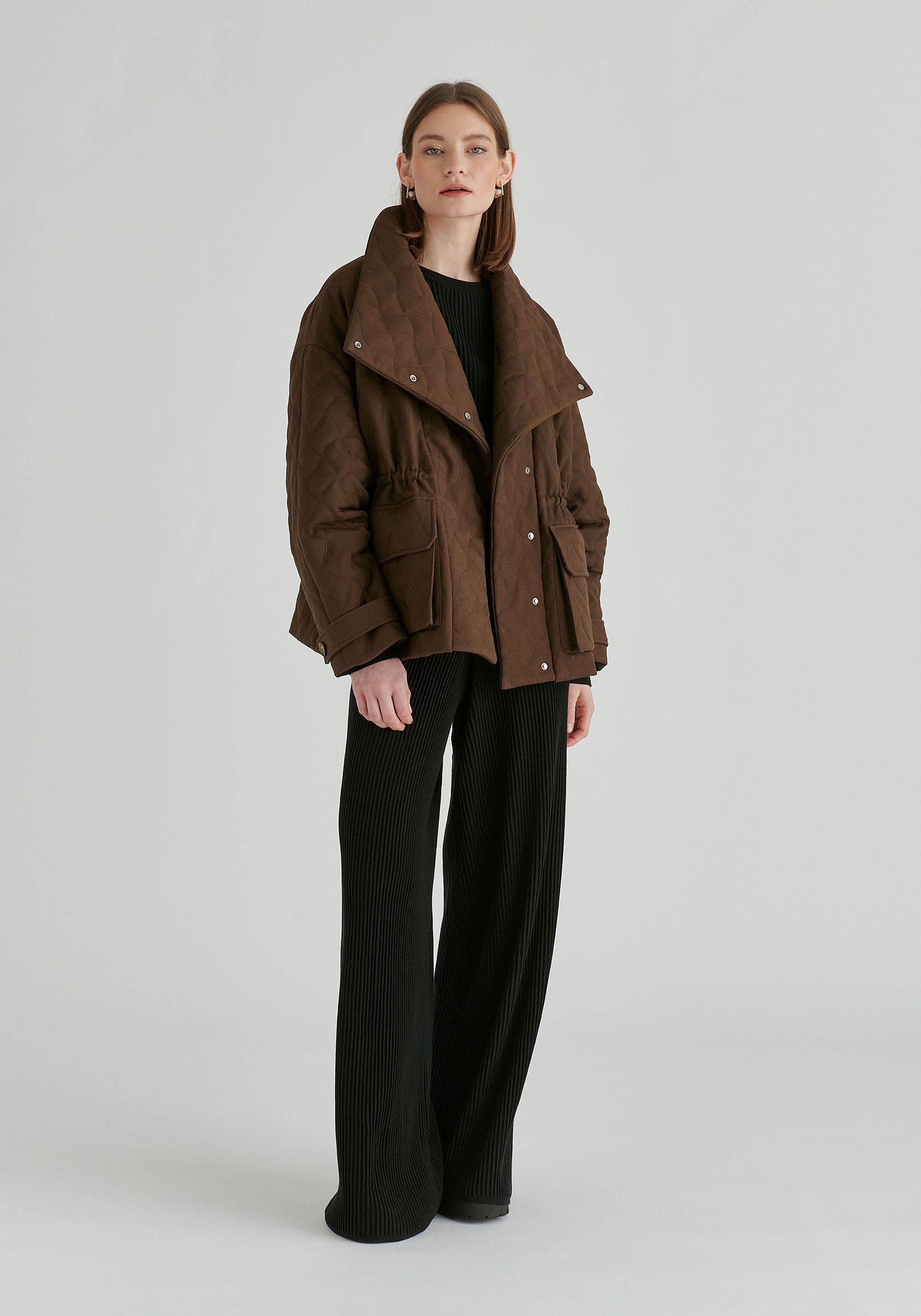 Double Breasted Diamond Quilted Utility Jacket Drawstring Waist in Brown Front