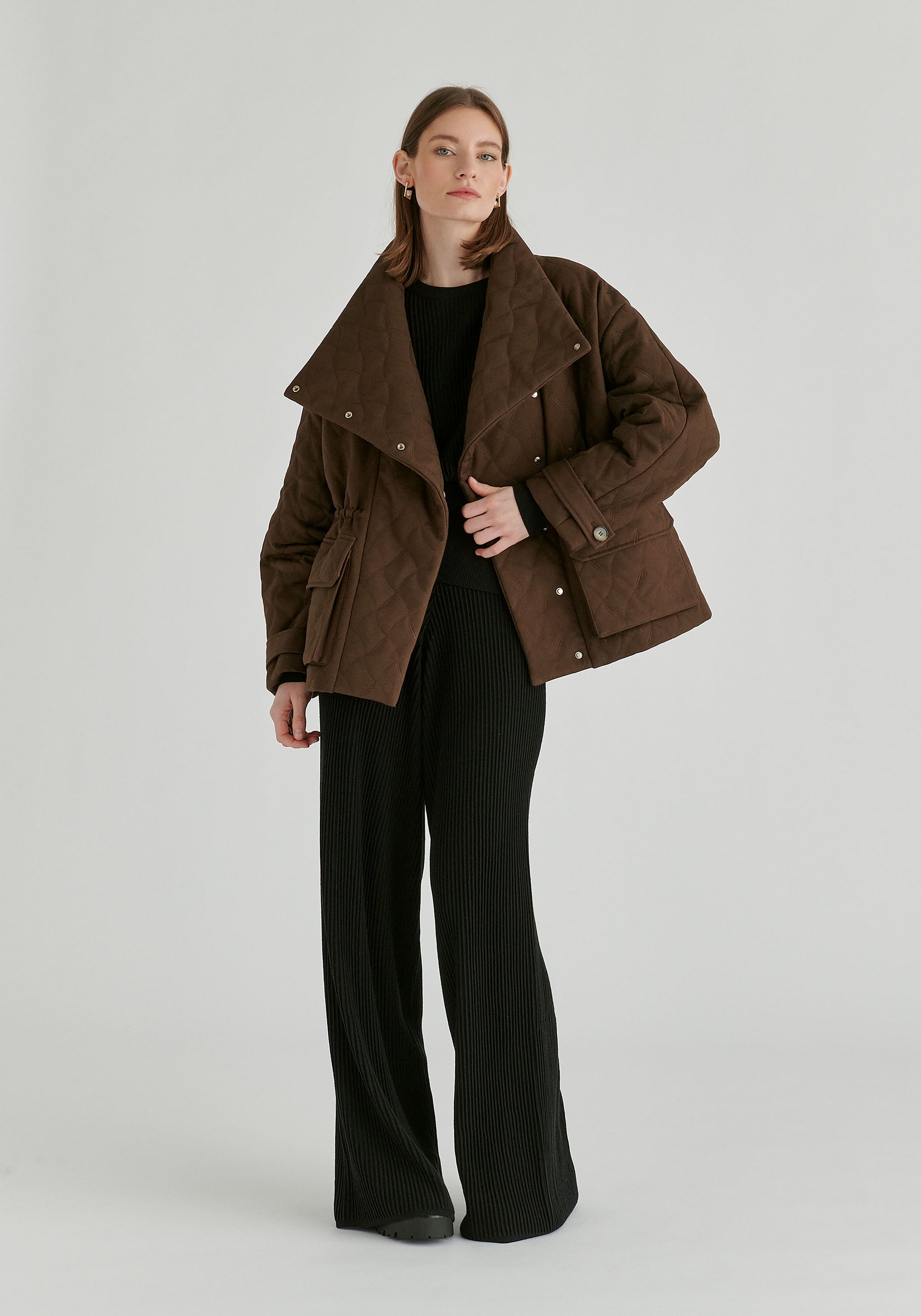 Double Breasted Diamond Quilted Utility Jacket Drawstring Waist in Brown Front