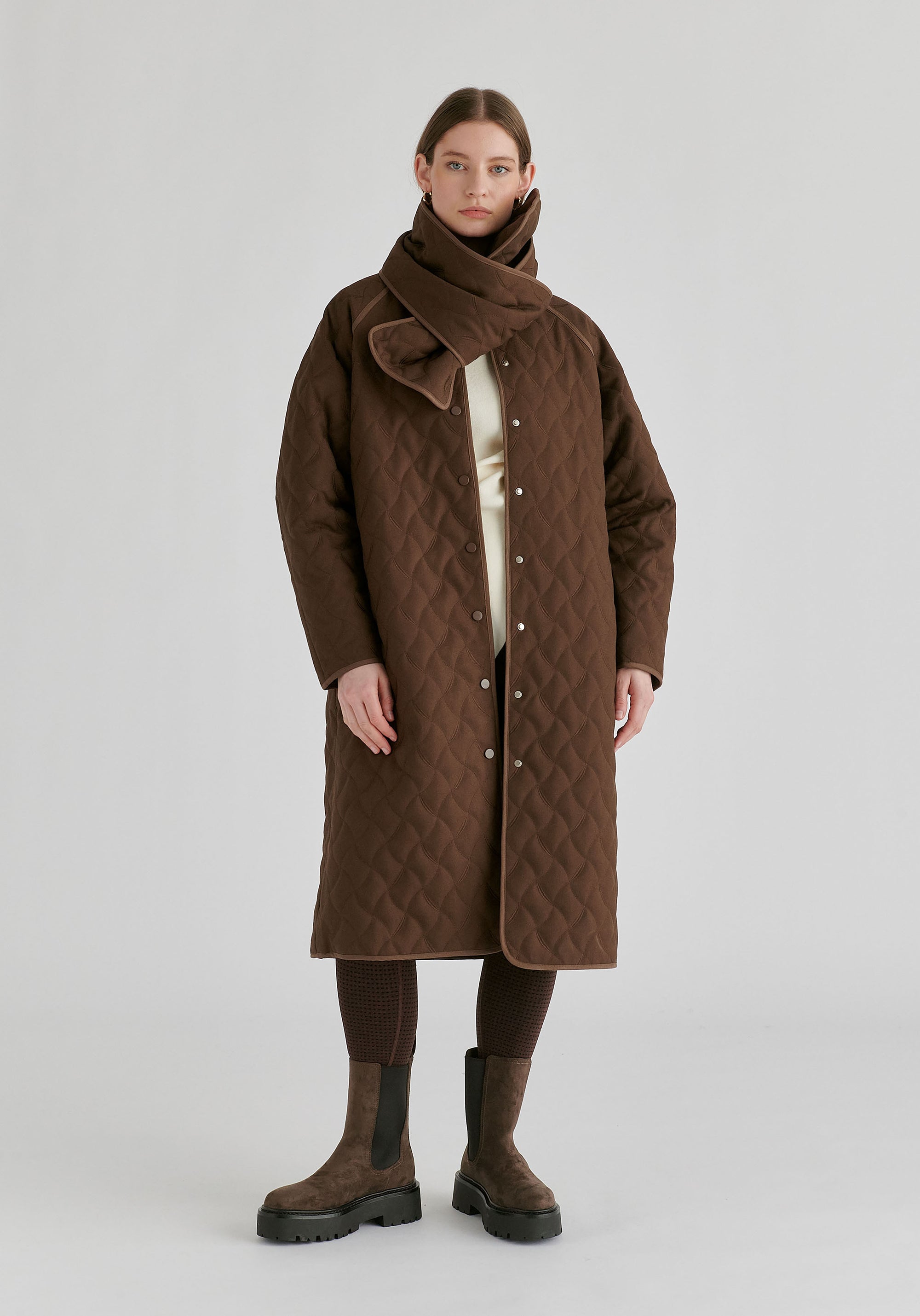Diamond Quilted Longline Coat with Matching Removable Scarf in Brown Front