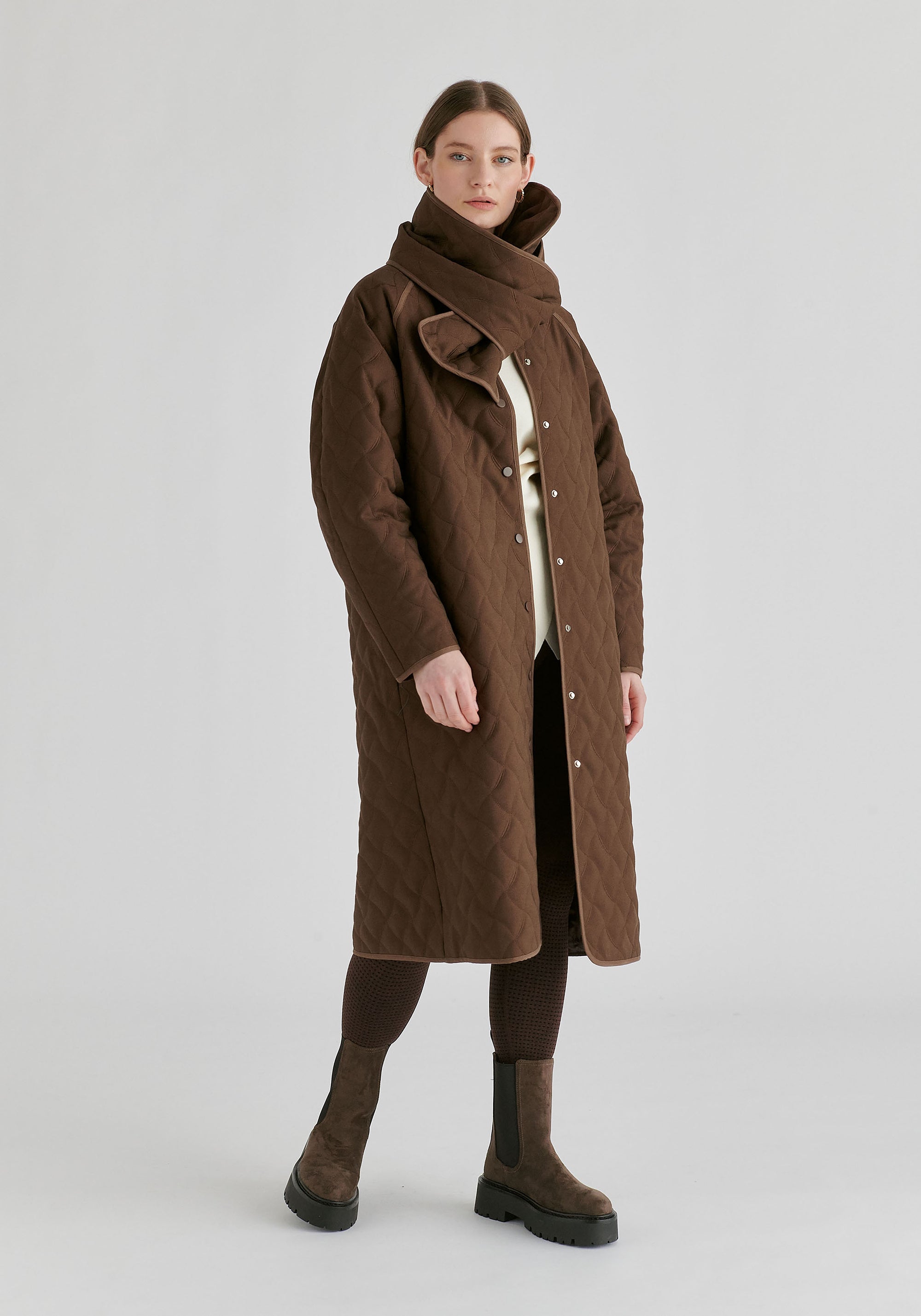 Diamond Quilted Longline Coat with Matching Removable Scarf in Brown Front