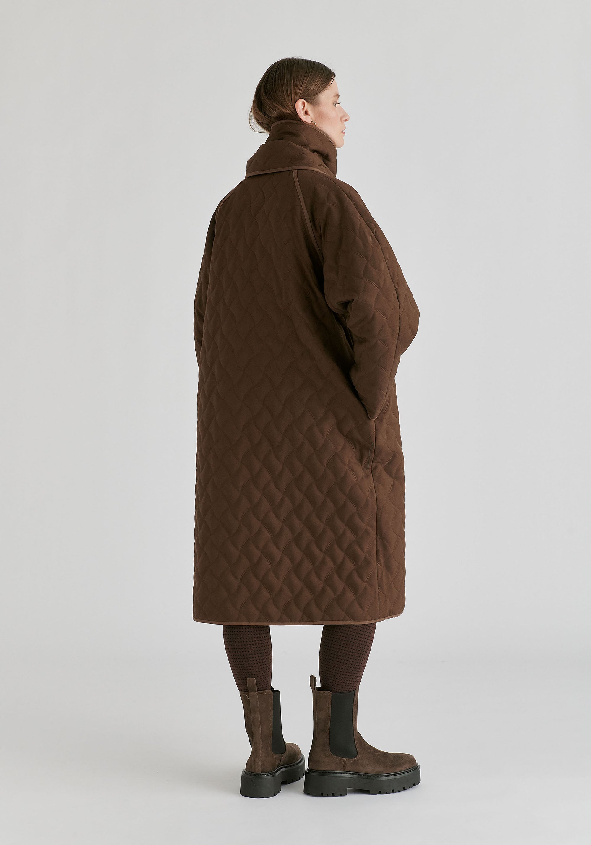Diamond Quilted Longline Coat with Matching Removable Scarf in Brown Back