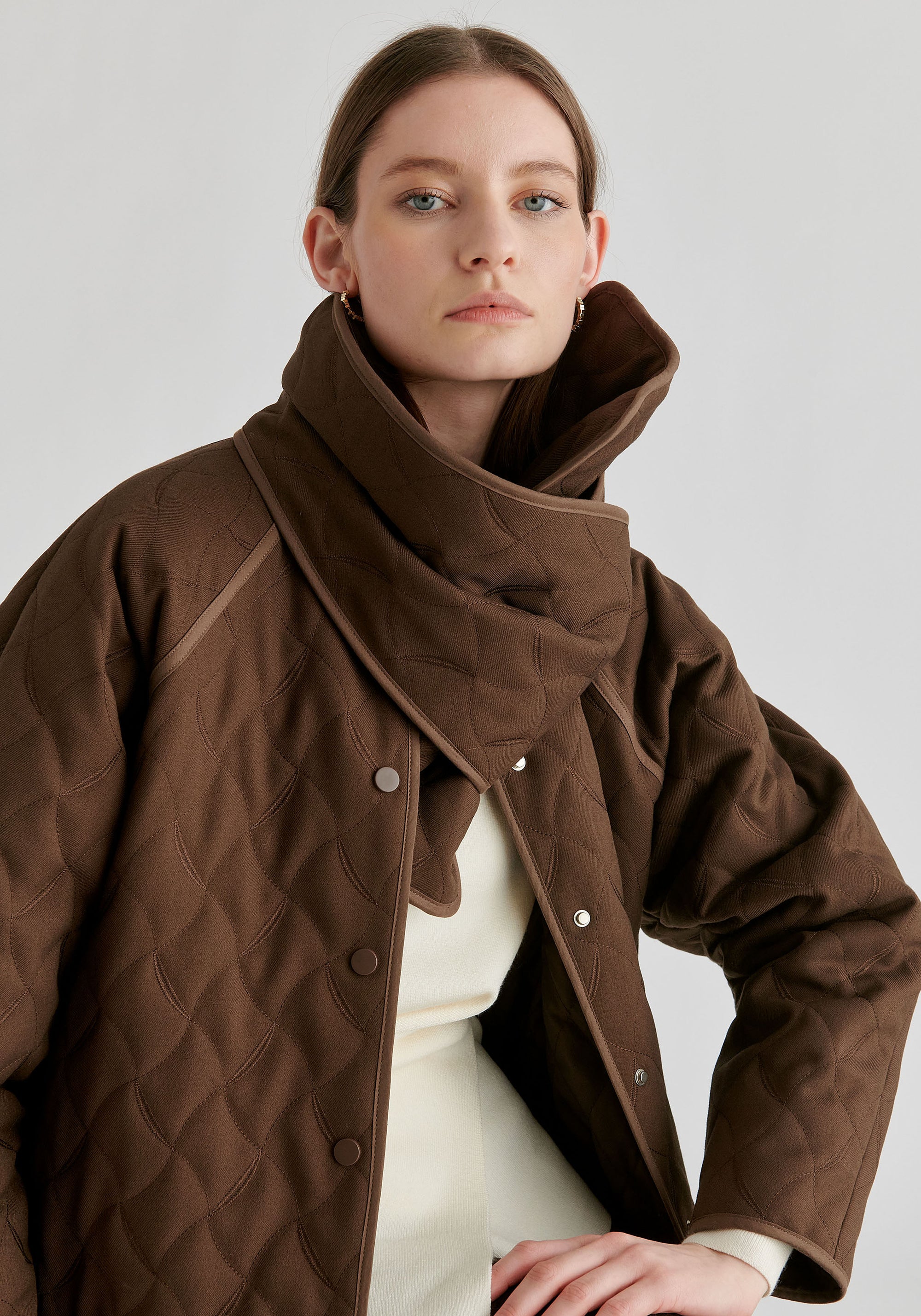Diamond Quilted Longline Coat with Matching Removable Scarf in Brown Closeup
