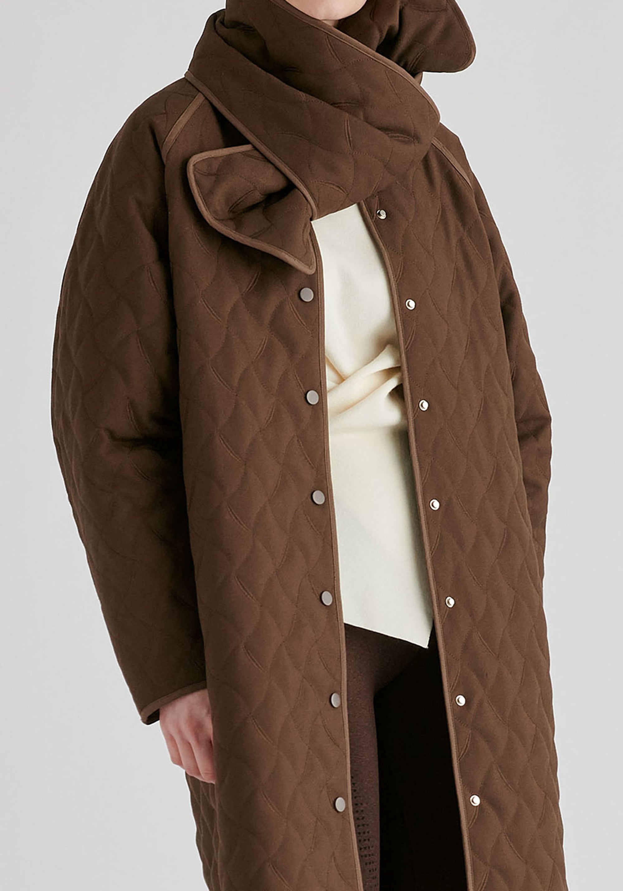 Diamond Quilted Longline Coat with Matching Removable Scarf in Brown Closeup