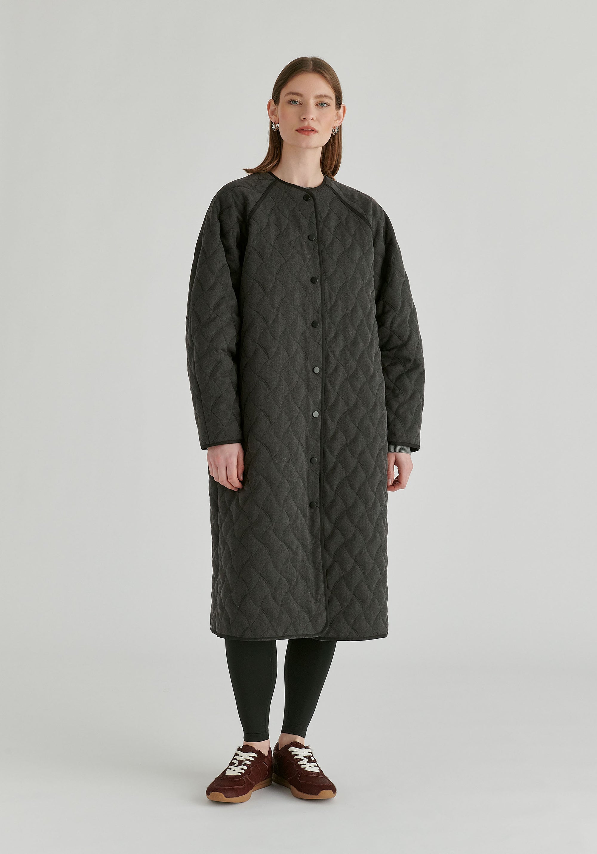 Diamond Quilted Longline Coat with Matching Removable Scarf in Denim Black Front