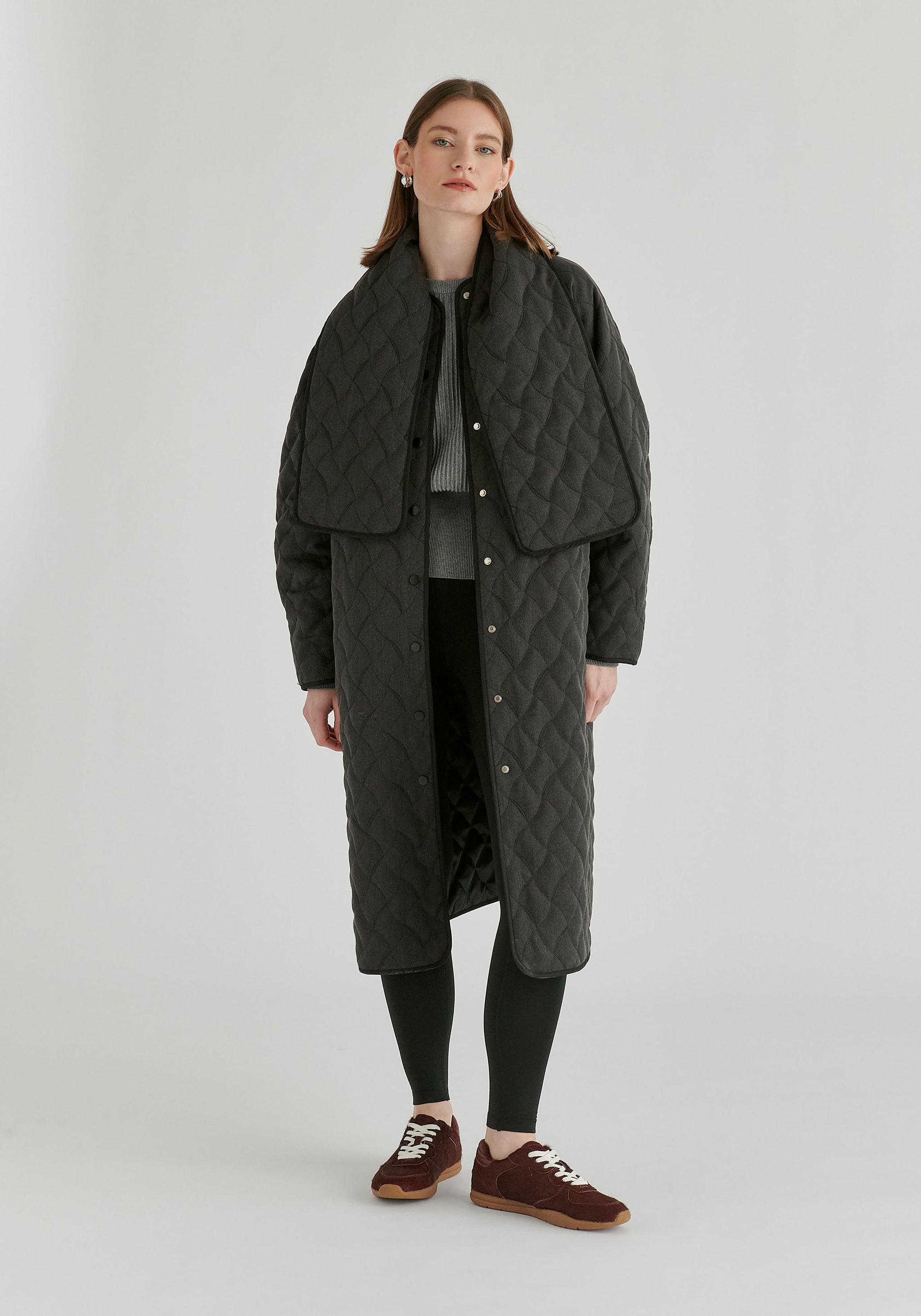 Diamond Quilted Longline Coat with Matching Removable Scarf in Denim Black Front