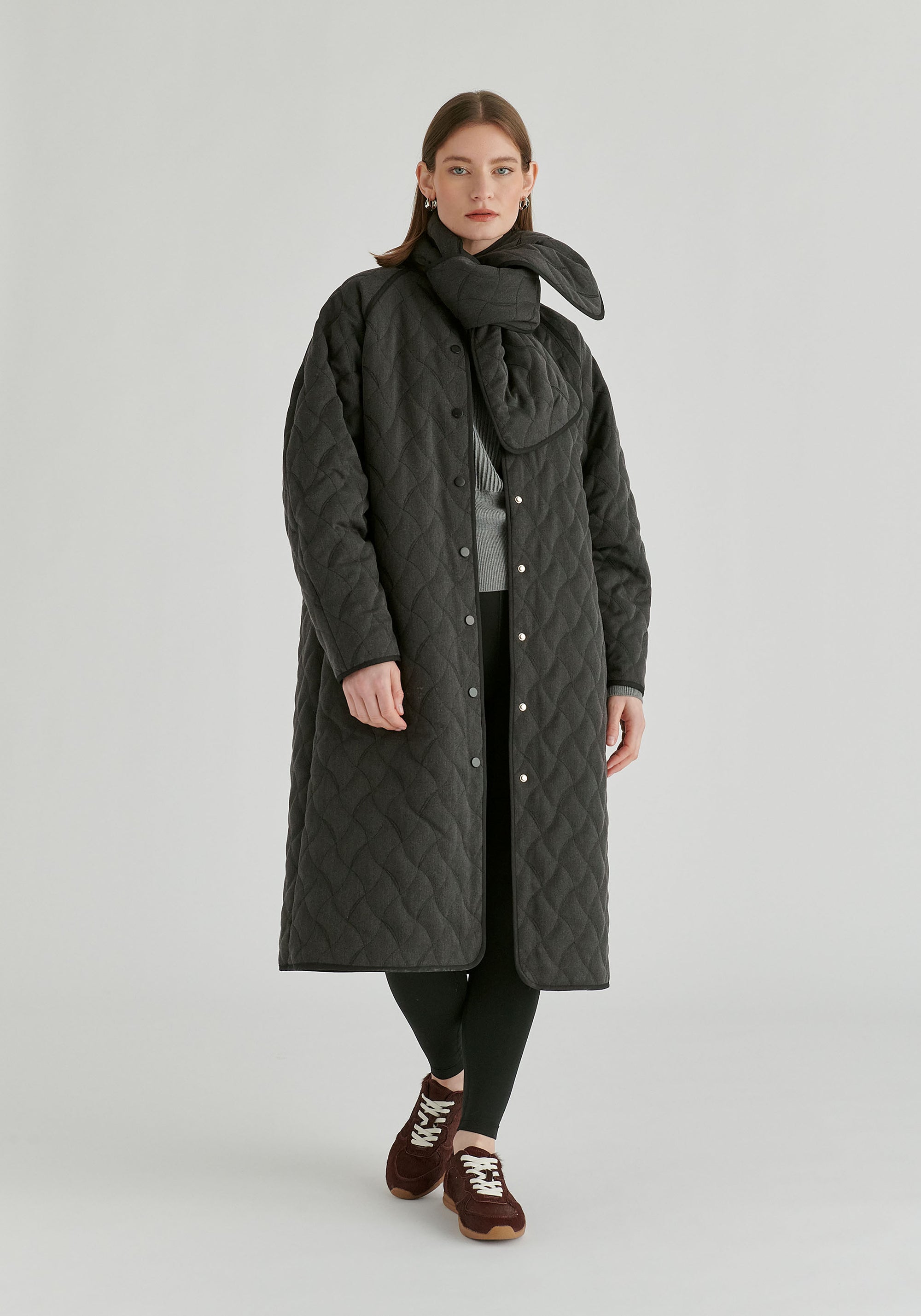 Diamond Quilted Longline Coat with Matching Removable Scarf in Denim Black Front