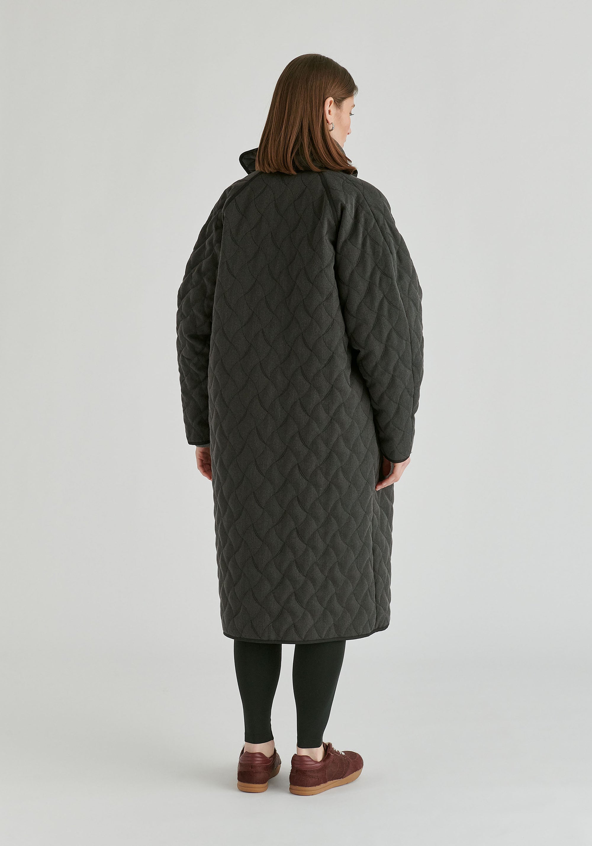 Diamond Quilted Longline Coat with Matching Removable Scarf in Denim Black Back