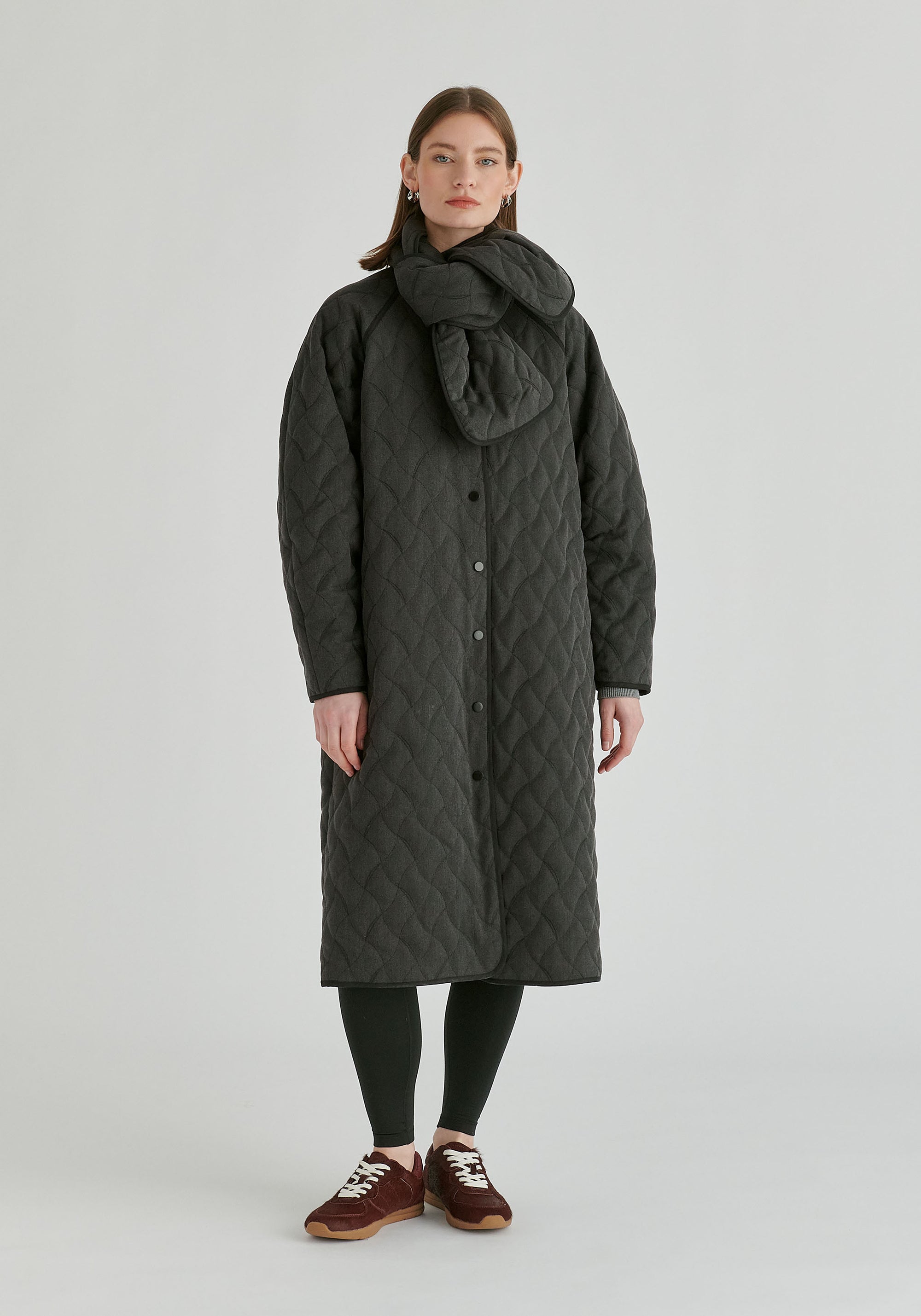 Diamond Quilted Longline Coat with Matching Removable Scarf in Denim Black Front