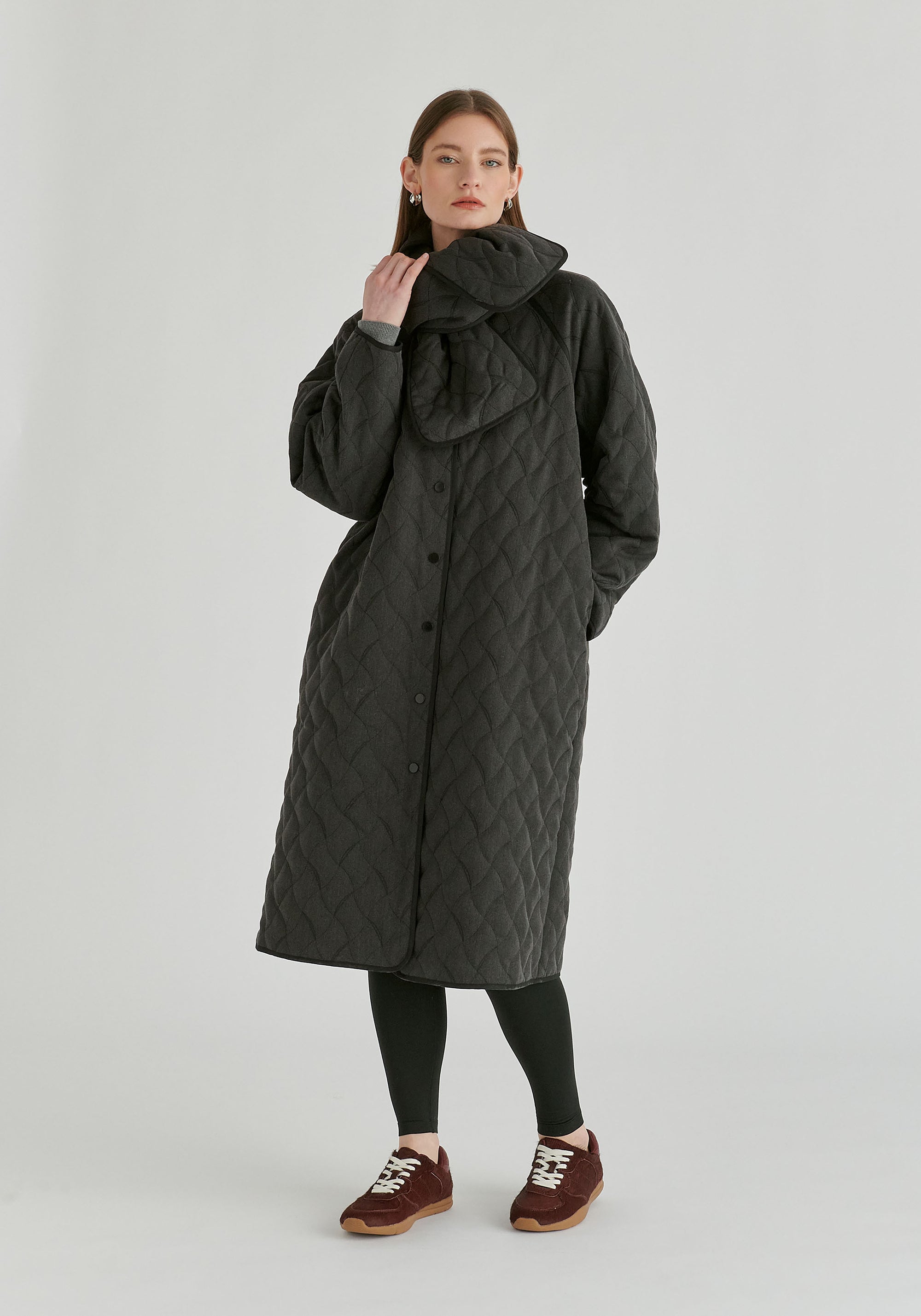 Diamond Quilted Longline Coat with Matching Removable Scarf in Denim Black Front