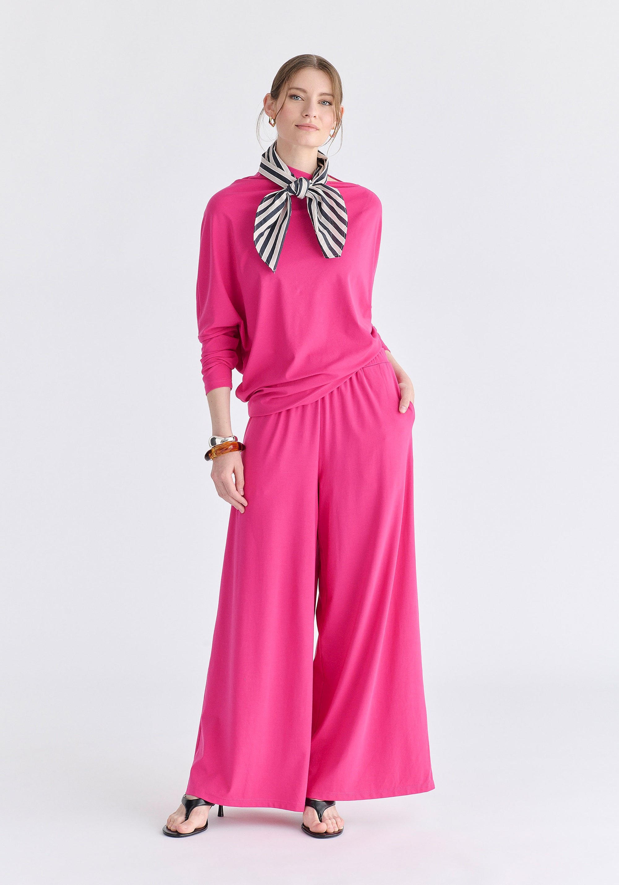 Asymmetric Draped Lyocell Jersey Top in Hot Pink Front