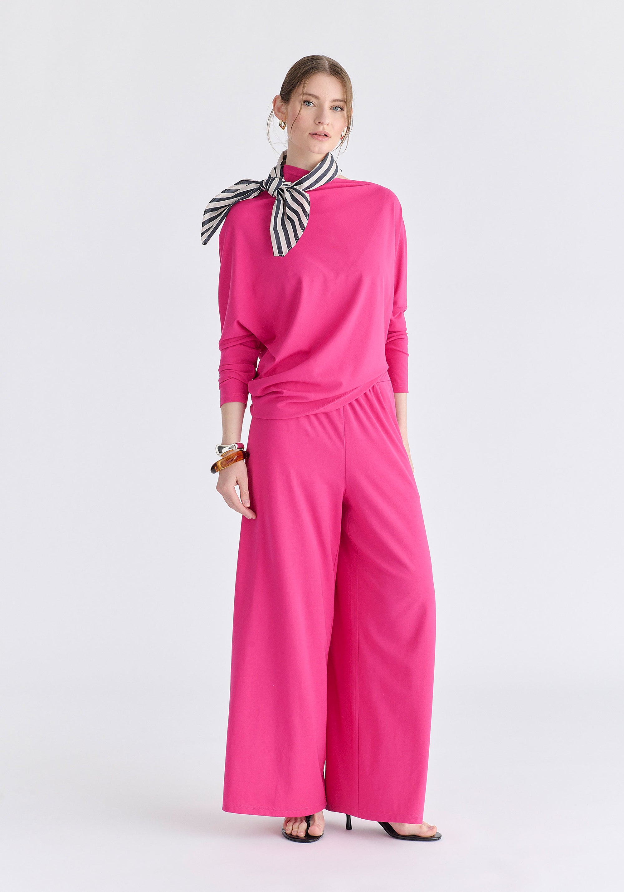 Asymmetric Draped Lyocell Jersey Top in Hot Pink Front