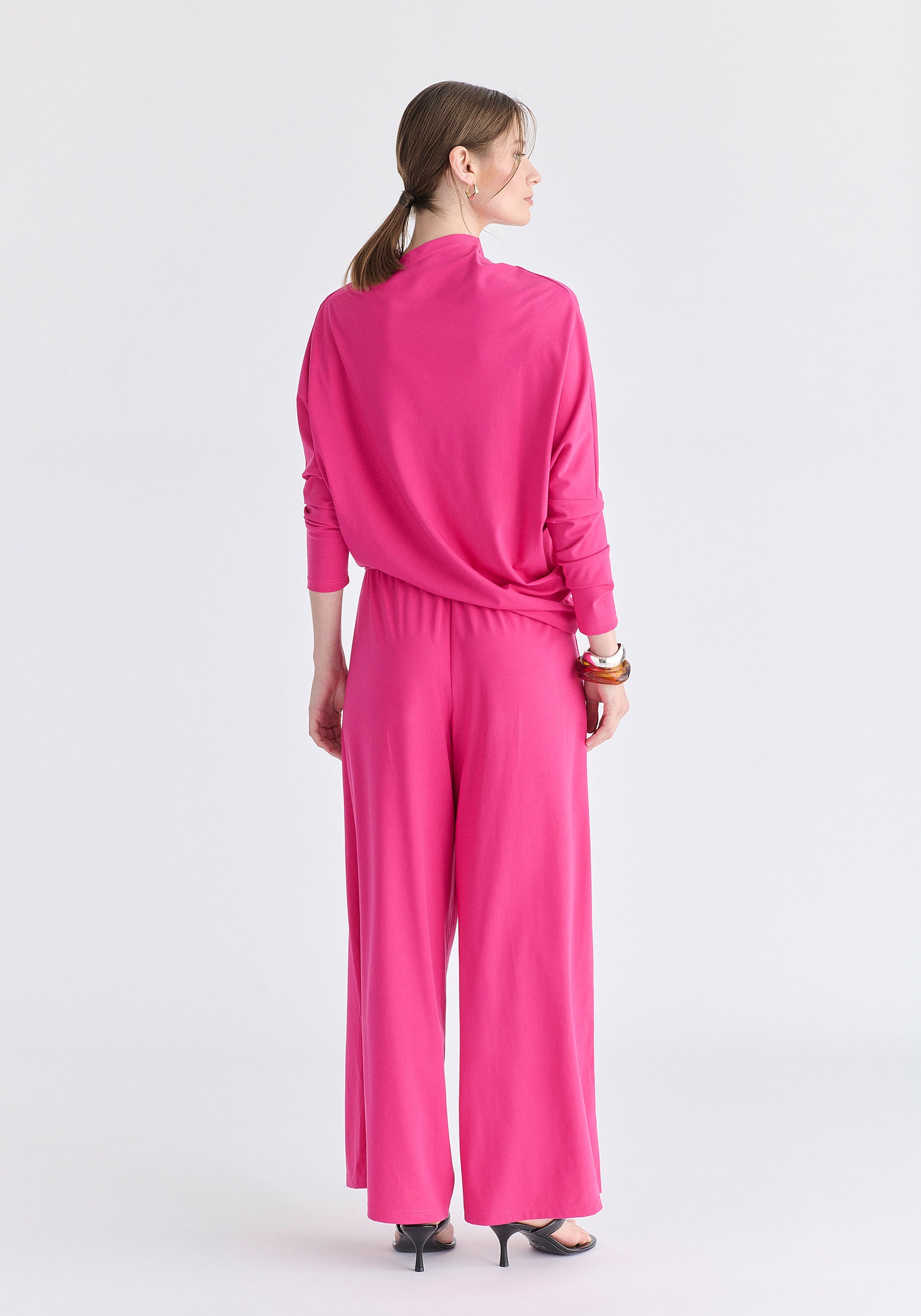 Asymmetric Draped Lyocell Jersey Top in Hot Pink Back
