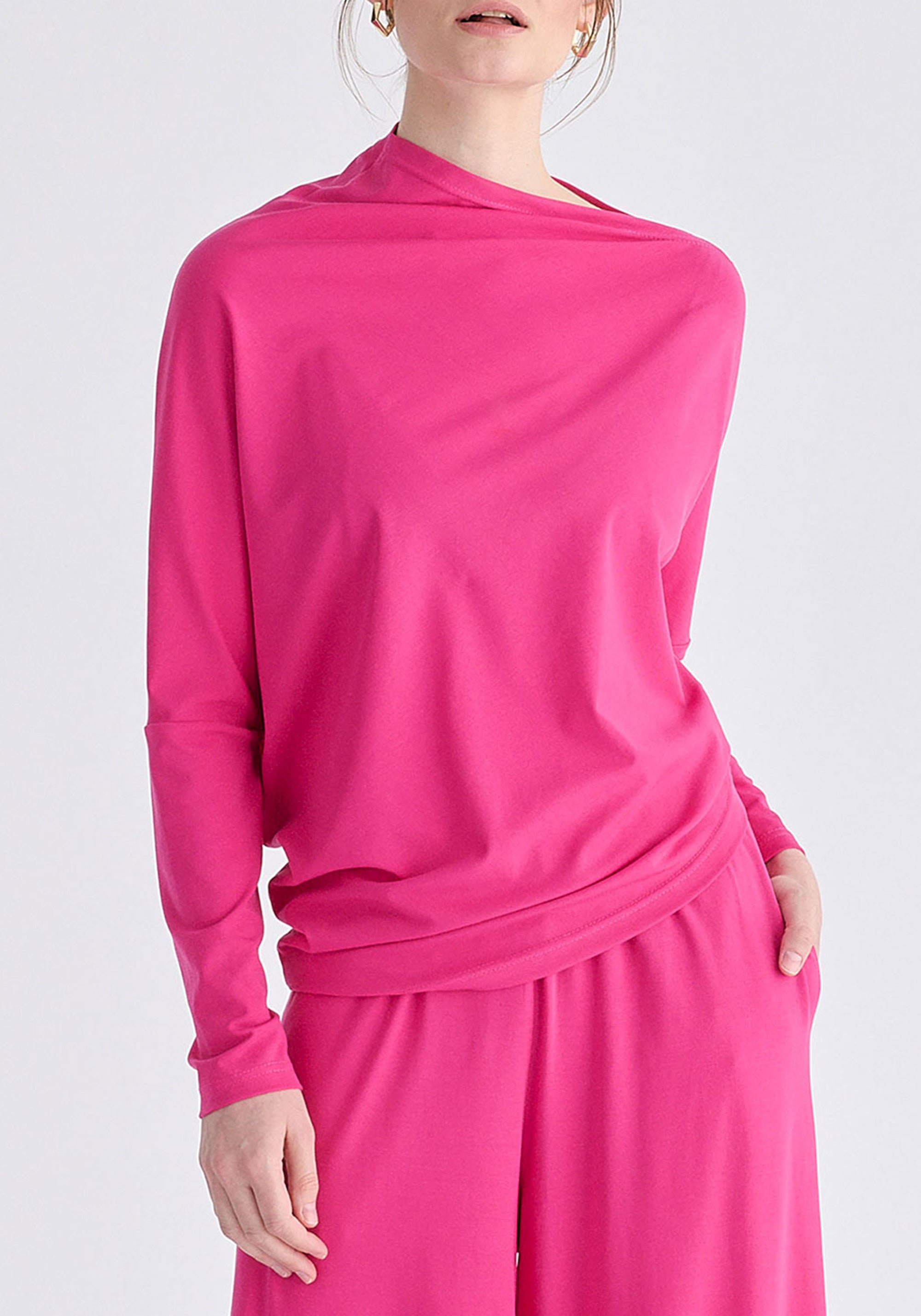 Asymmetric Draped Lyocell Jersey Top in Hot Pink Closeup