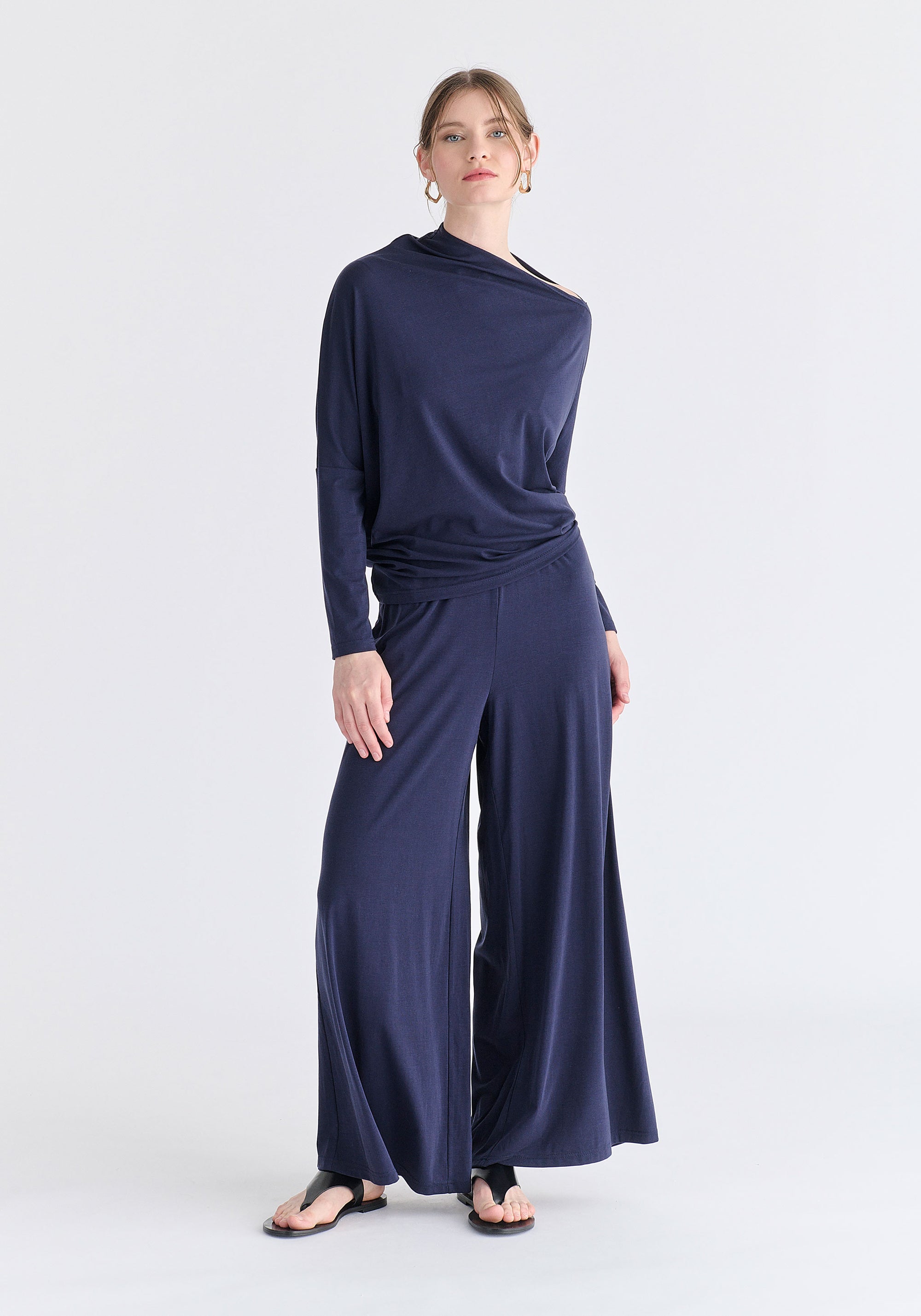 Asymmetric Draped Lyocell Jersey Top in Navy Front