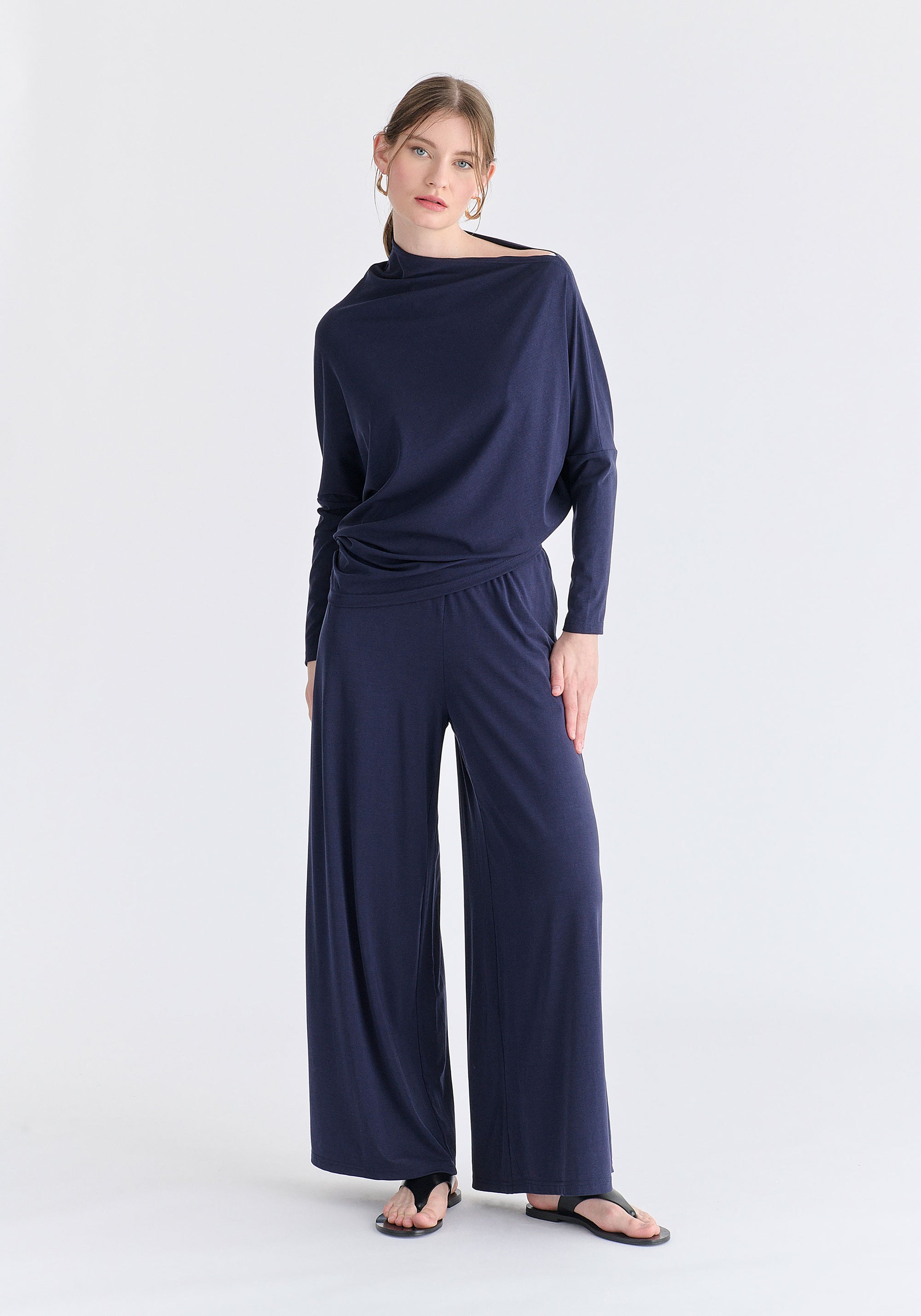 Asymmetric Draped Lyocell Jersey Top in Navy Front