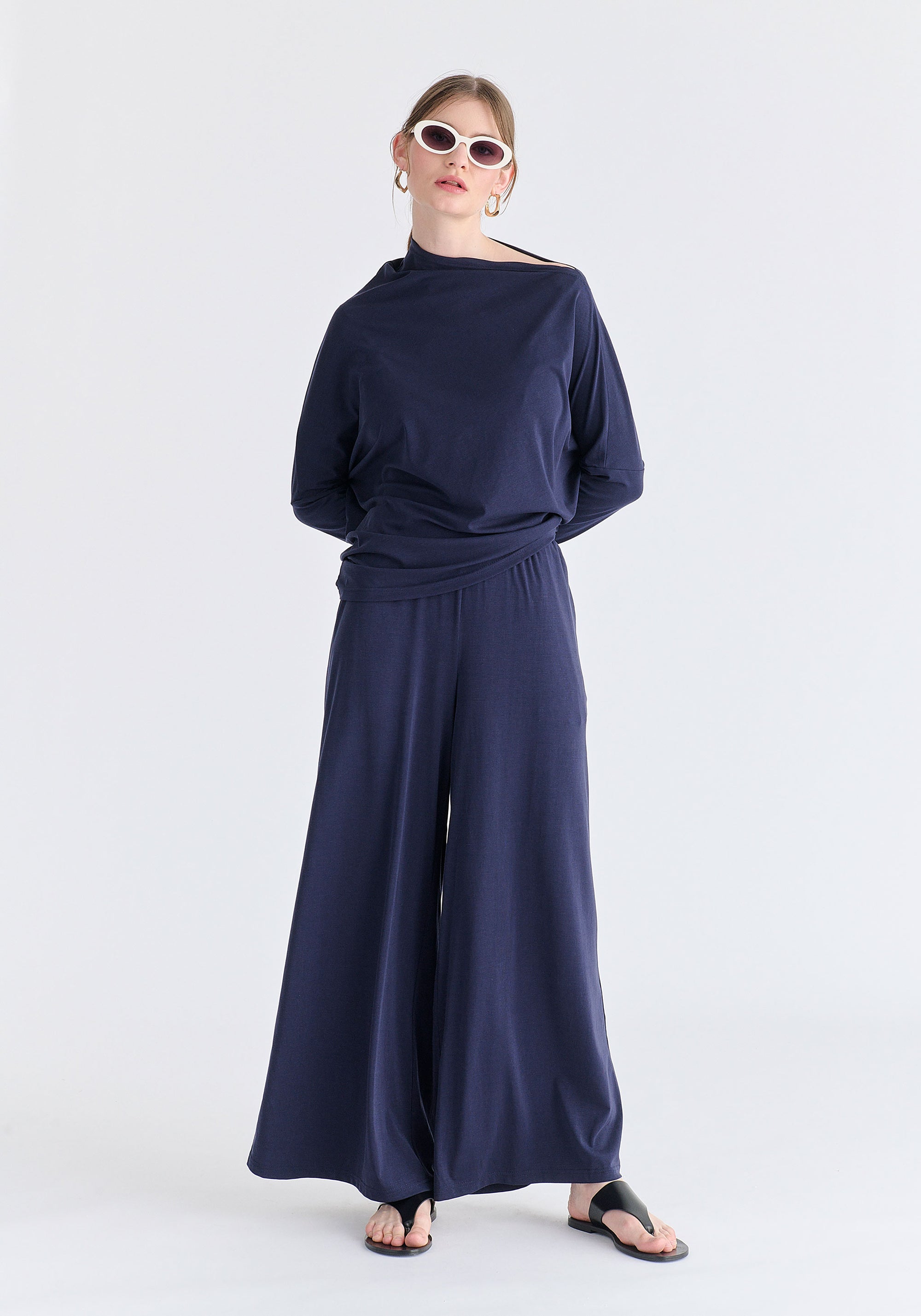 Asymmetric Draped Lyocell Jersey Top in Navy Front