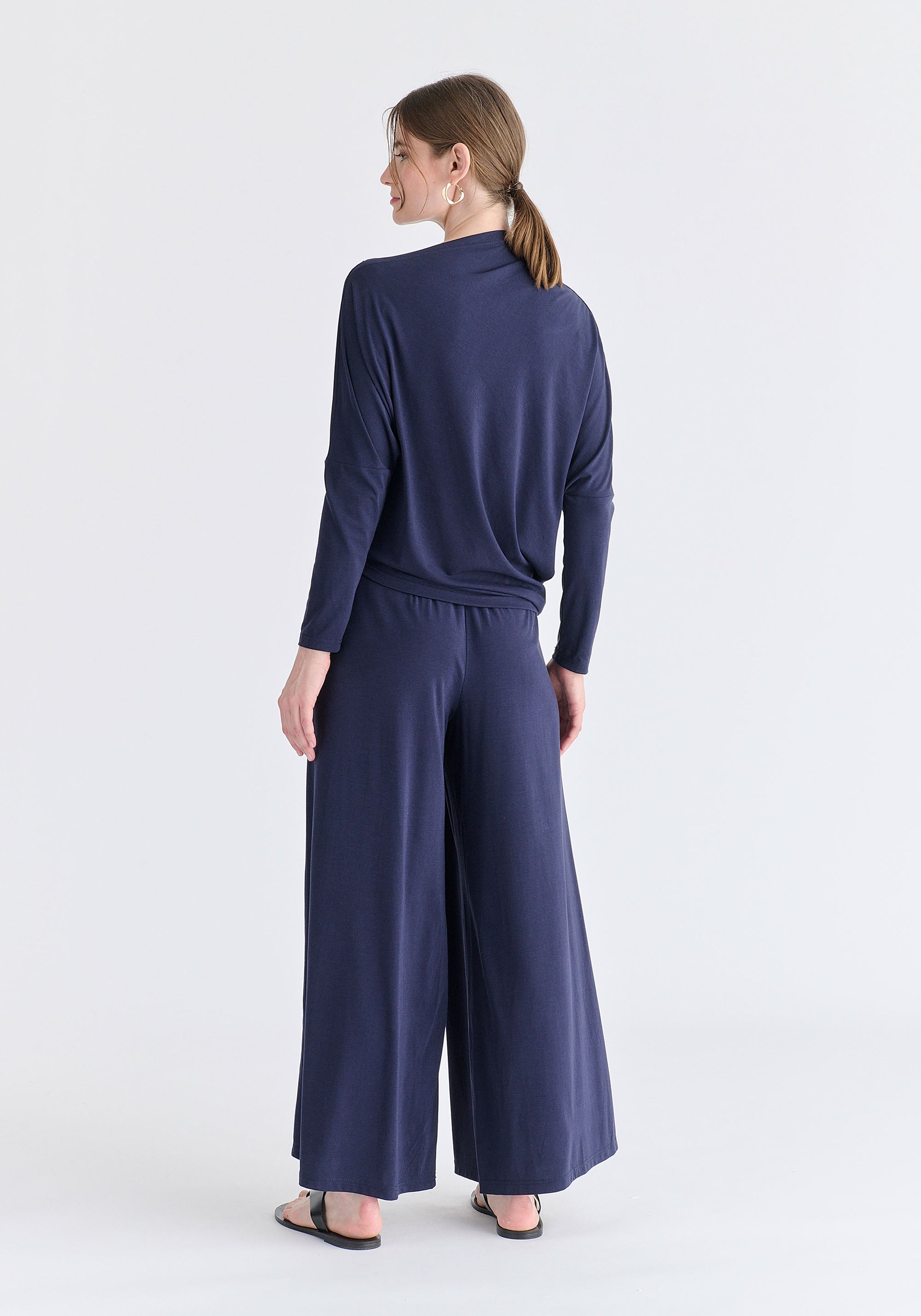 Asymmetric Draped Lyocell Jersey Top in Navy Back