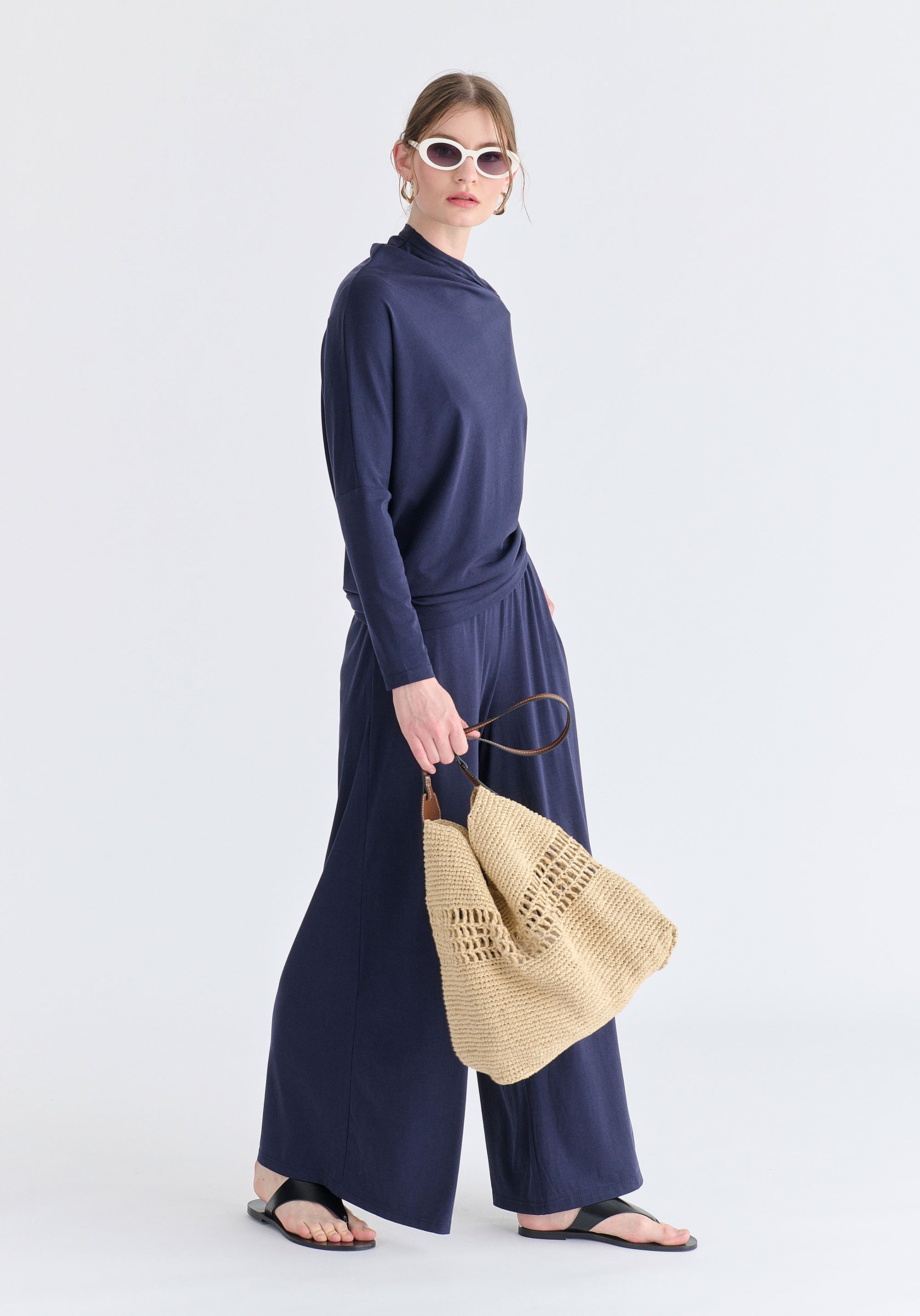 Asymmetric Draped Lyocell Jersey Top in Navy Side