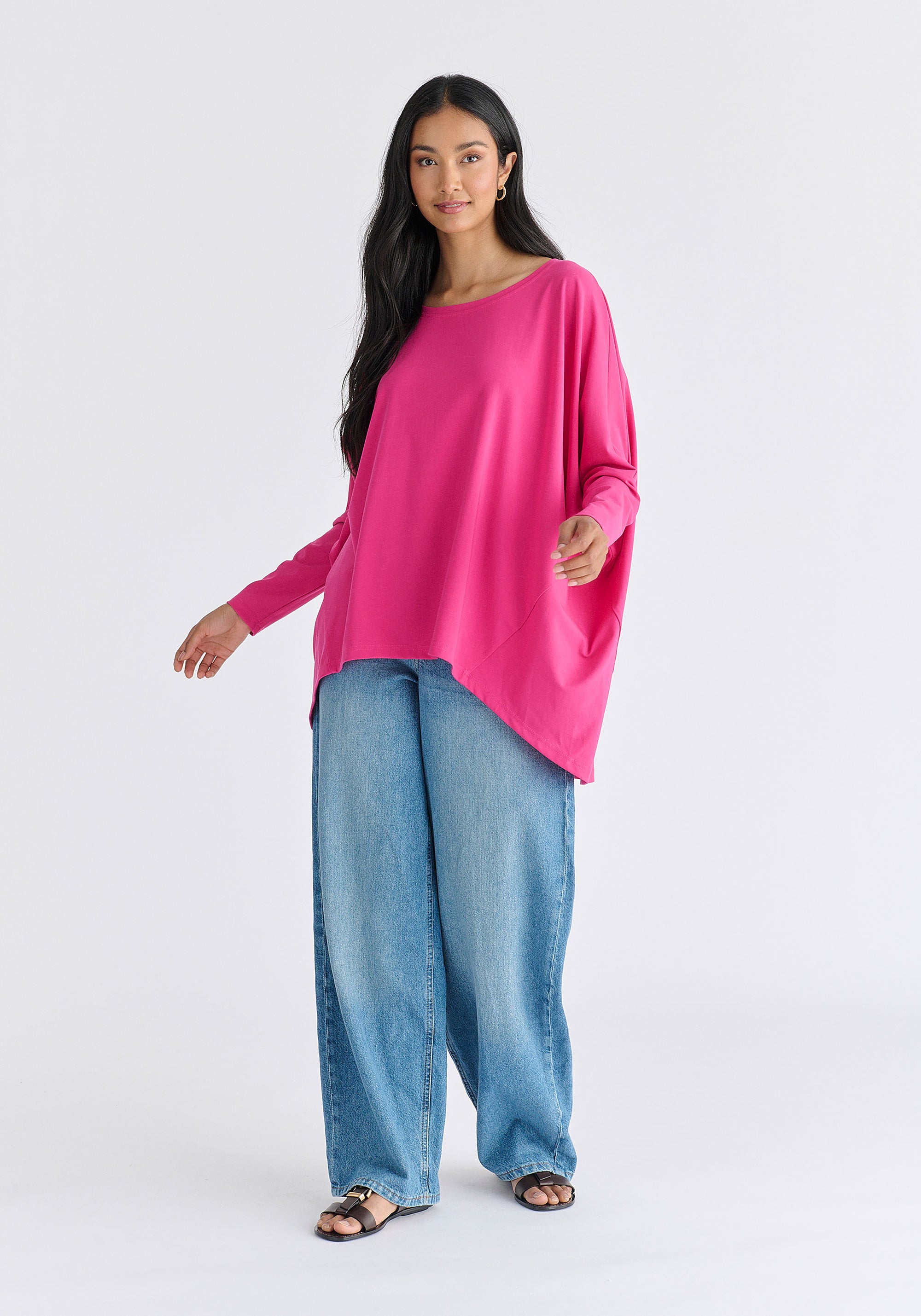 Wide Neck Oversized Lyocell Jersey Top in Hot Pink Front