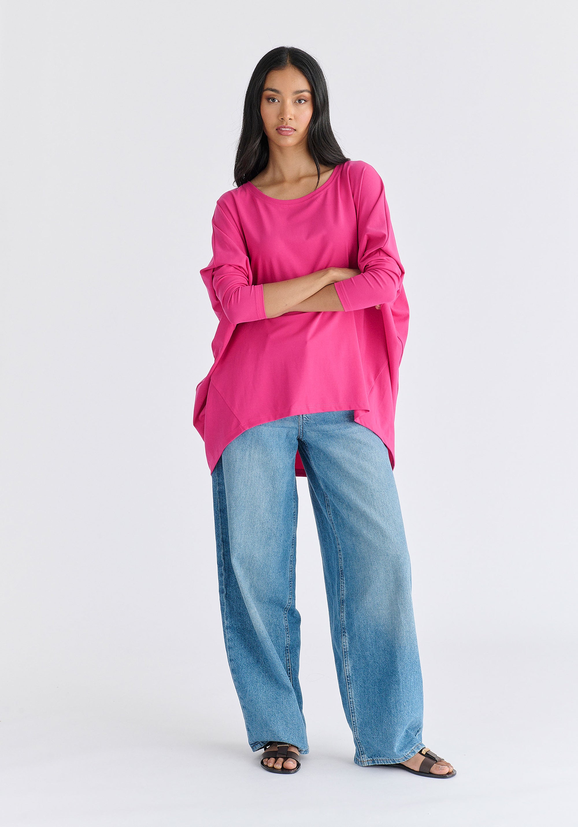 Wide Neck Oversized Lyocell Jersey Top in Hot Pink Front