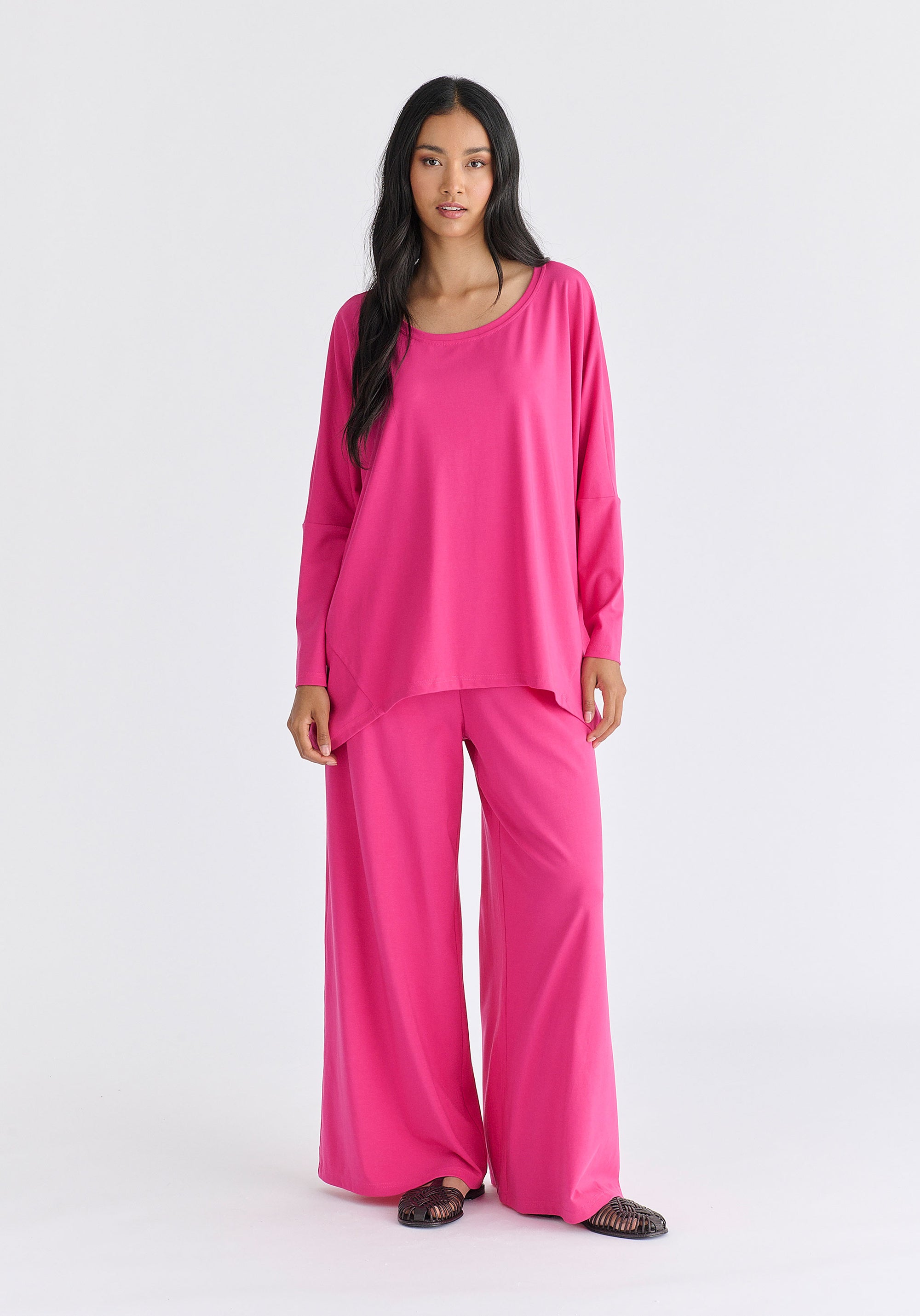 Wide Neck Oversized Lyocell Jersey Top in Hot Pink Front