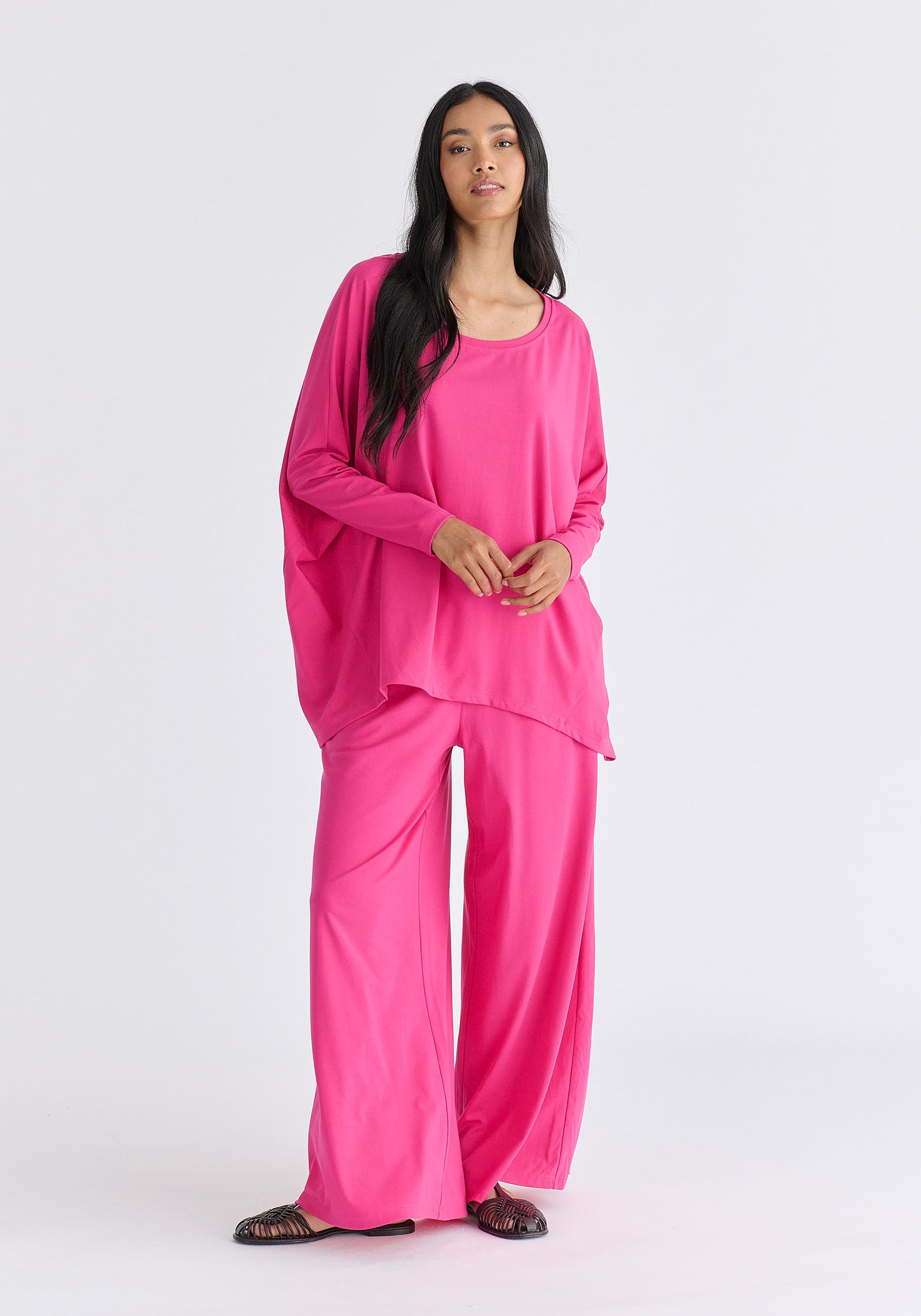 Wide Neck Oversized Lyocell Jersey Top in Hot Pink Front