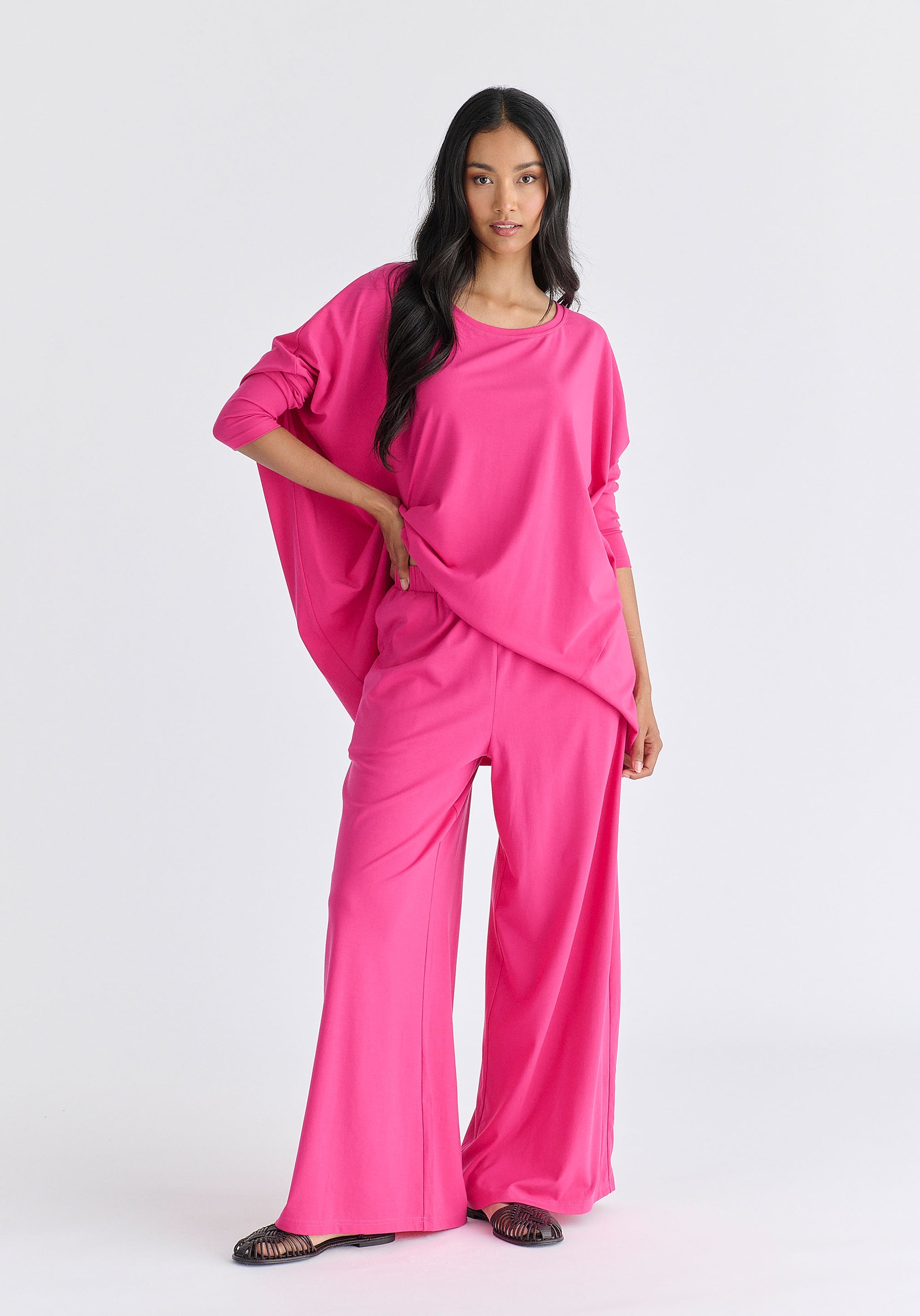 Wide Neck Oversized Lyocell Jersey Top in Hot Pink Front