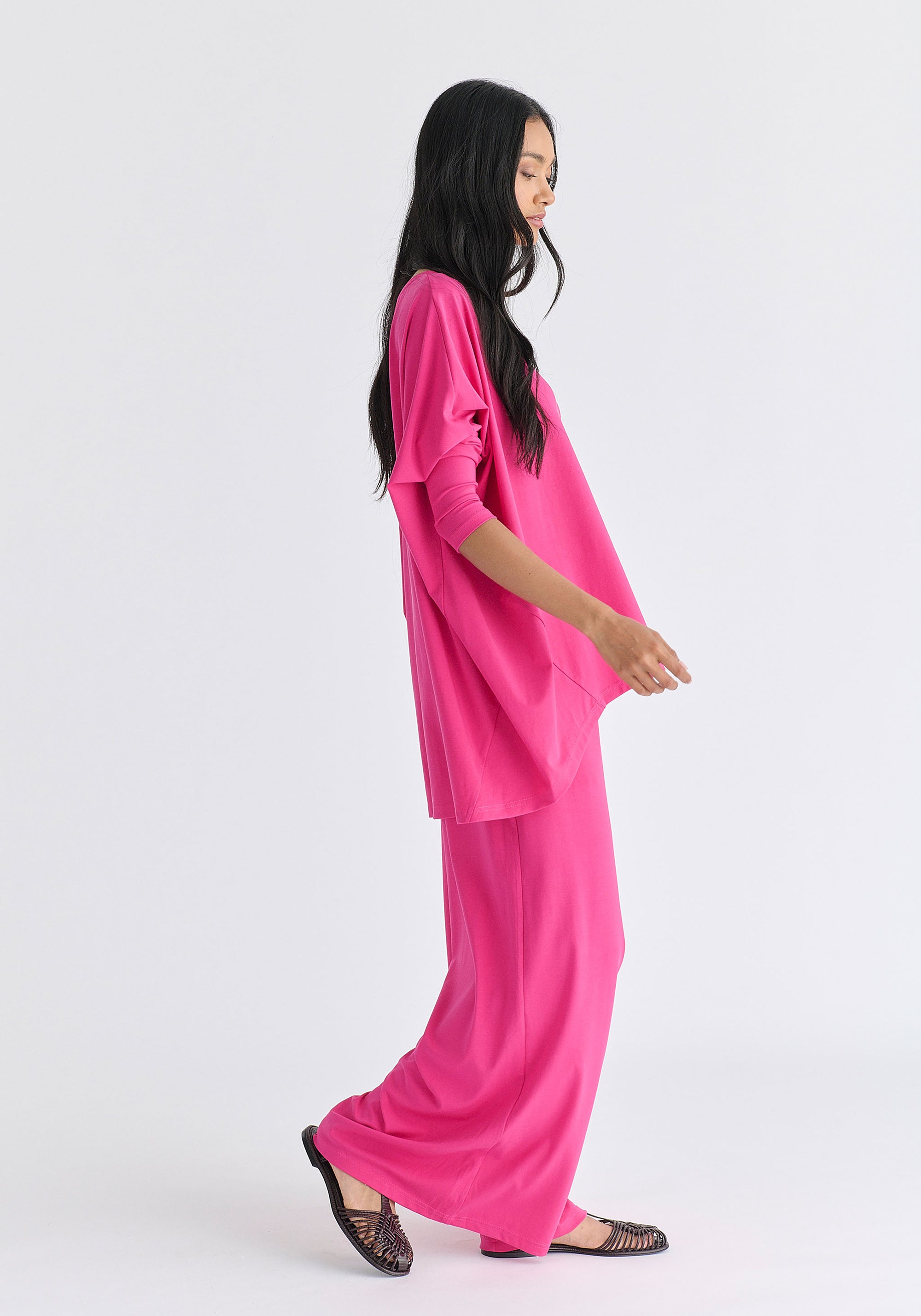 Wide Neck Oversized Lyocell Jersey Top in Hot Pink Side