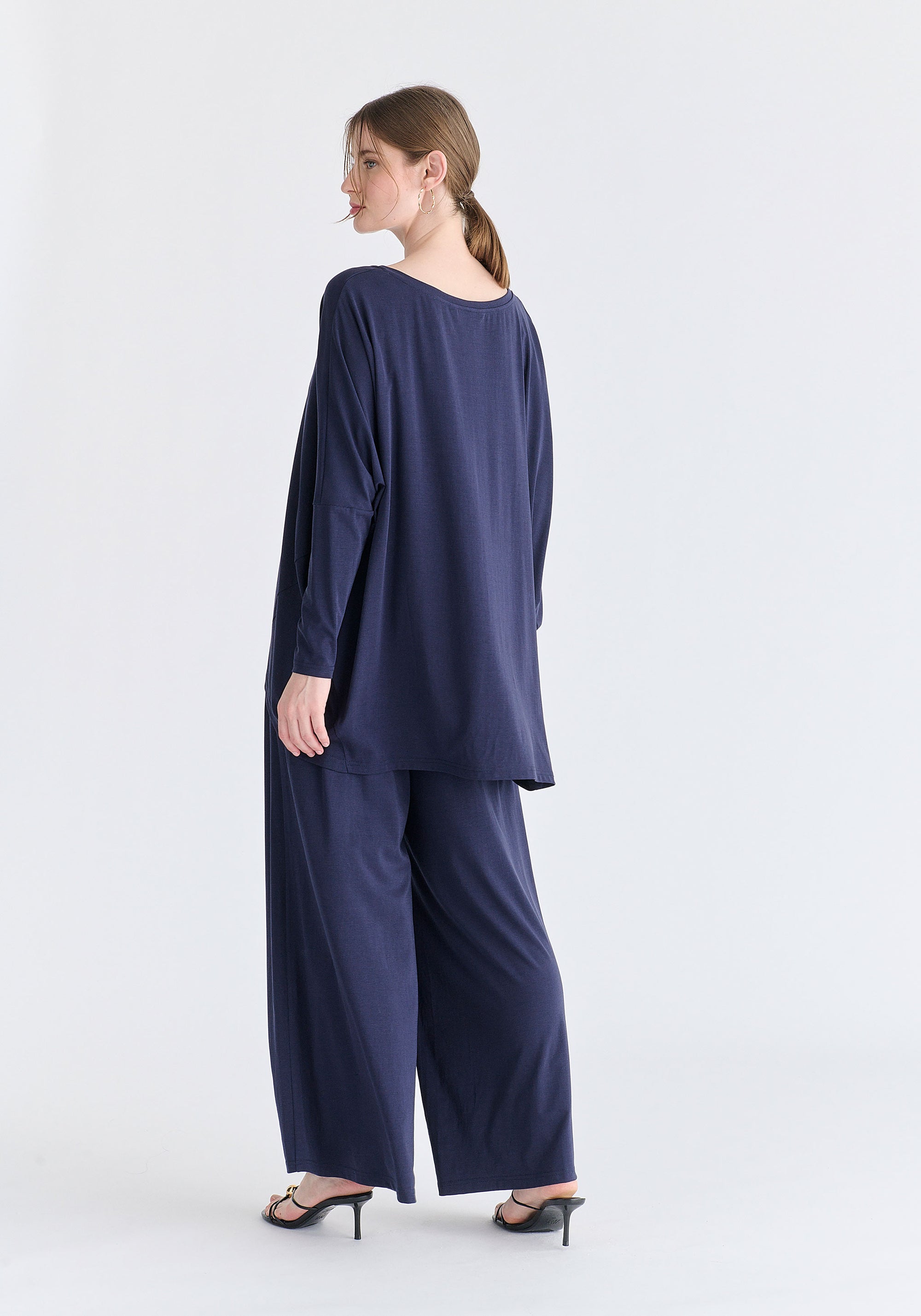 Wide Neck Oversized Lyocell Jersey Top in Navy Back
