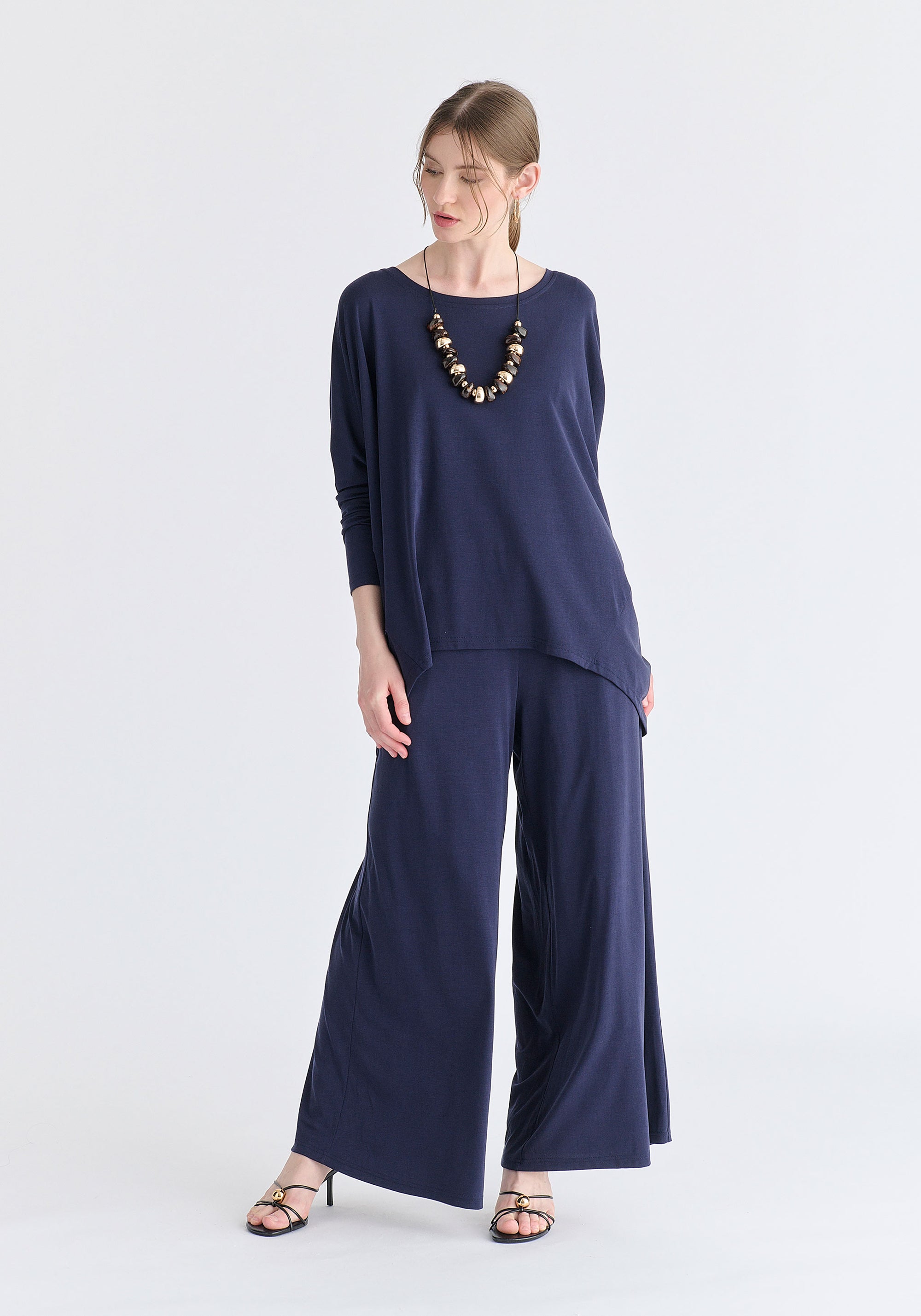 Wide Neck Oversized Lyocell Jersey Top in Navy Front