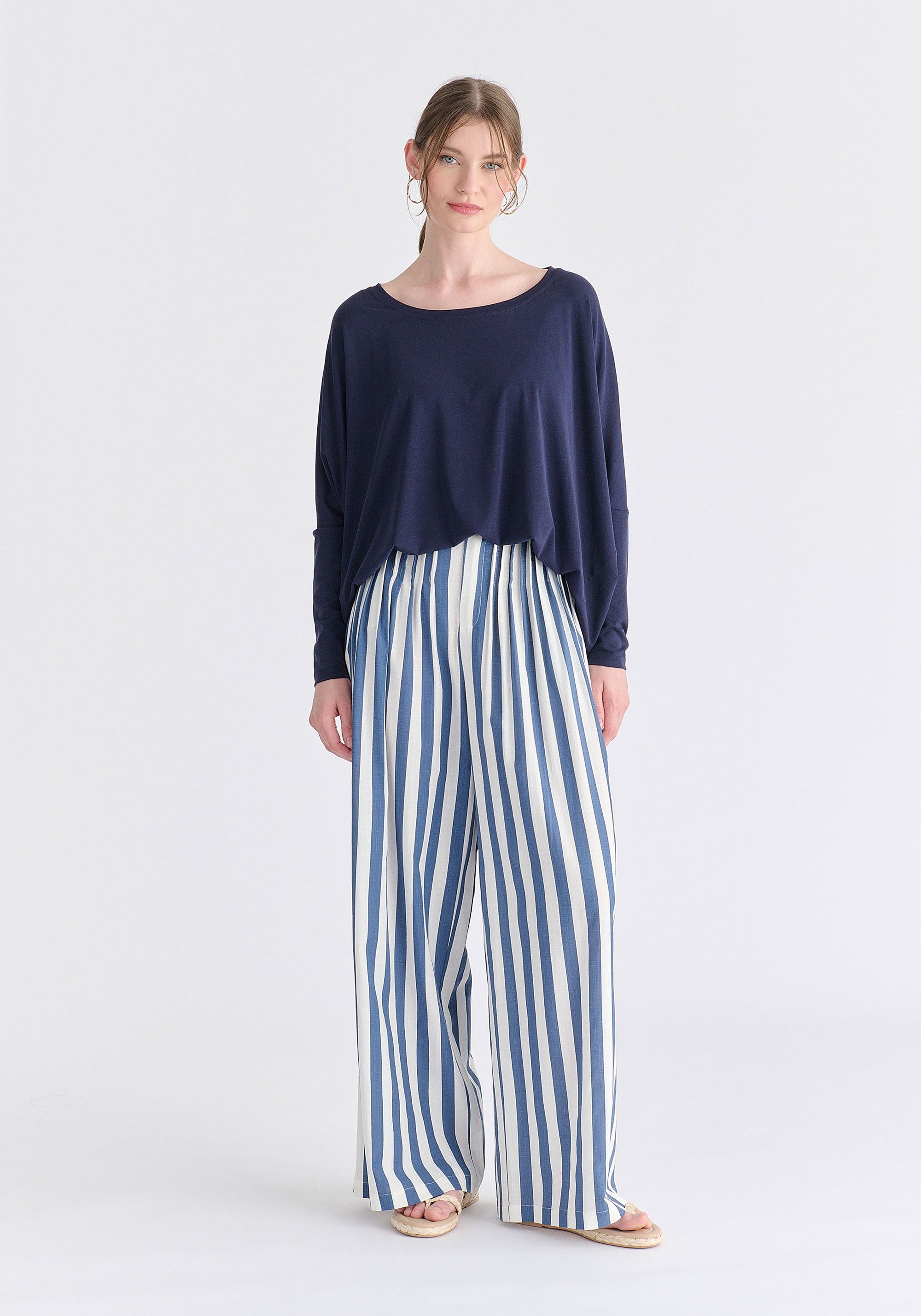 Wide Neck Oversized Lyocell Jersey Top in Navy Front