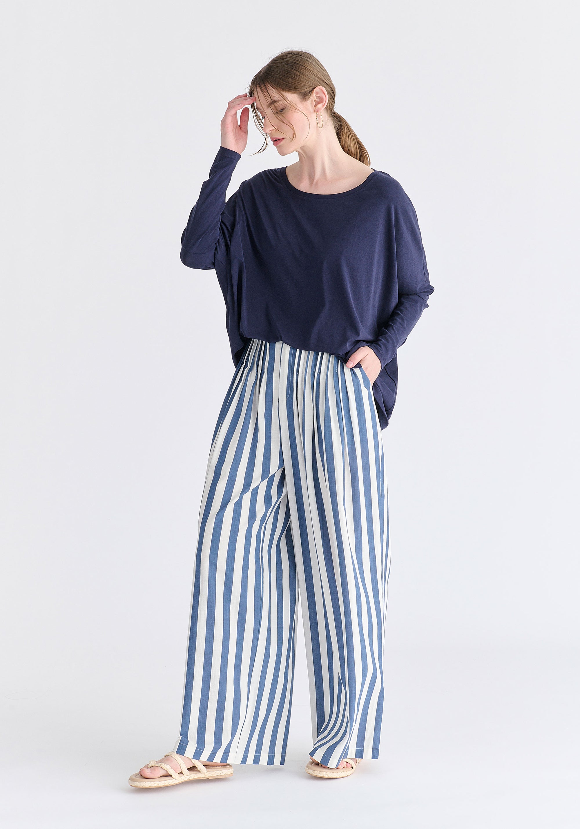 Wide Neck Oversized Lyocell Jersey Top in Navy Side