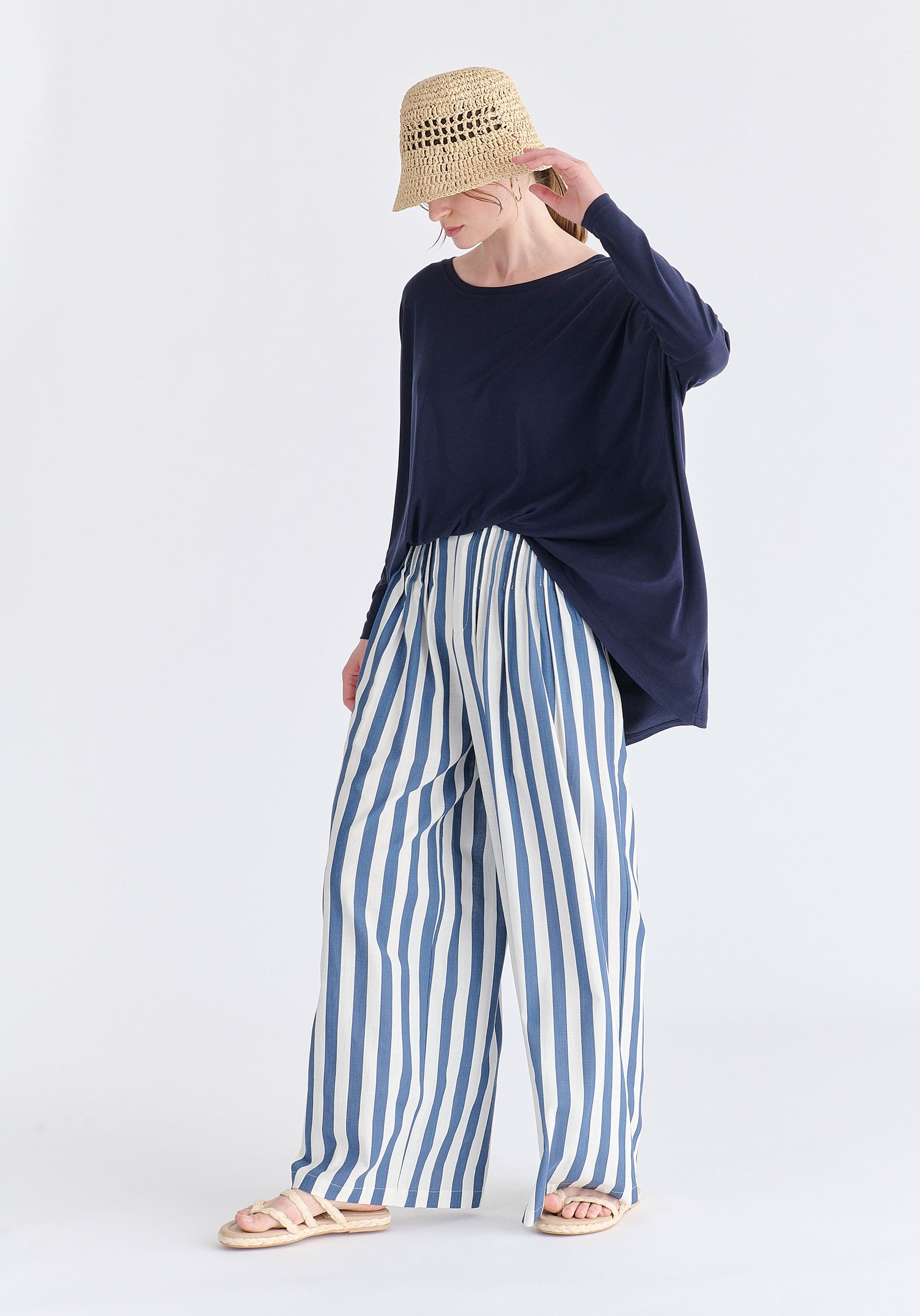 Wide Neck Oversized Lyocell Jersey Top in Navy Side