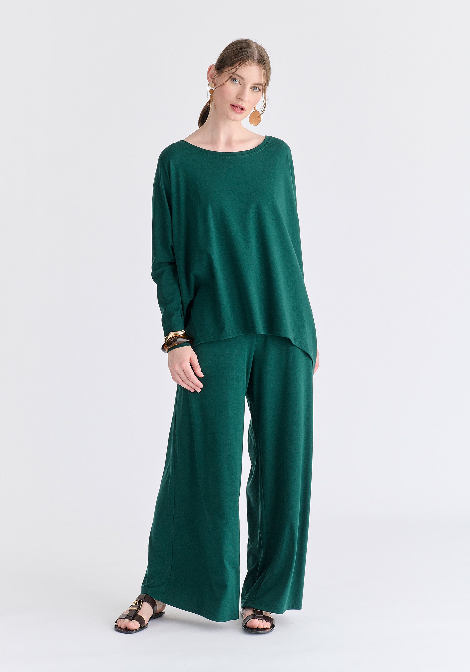 Wide Neck Oversized Lyocell Jersey Top in Green Front