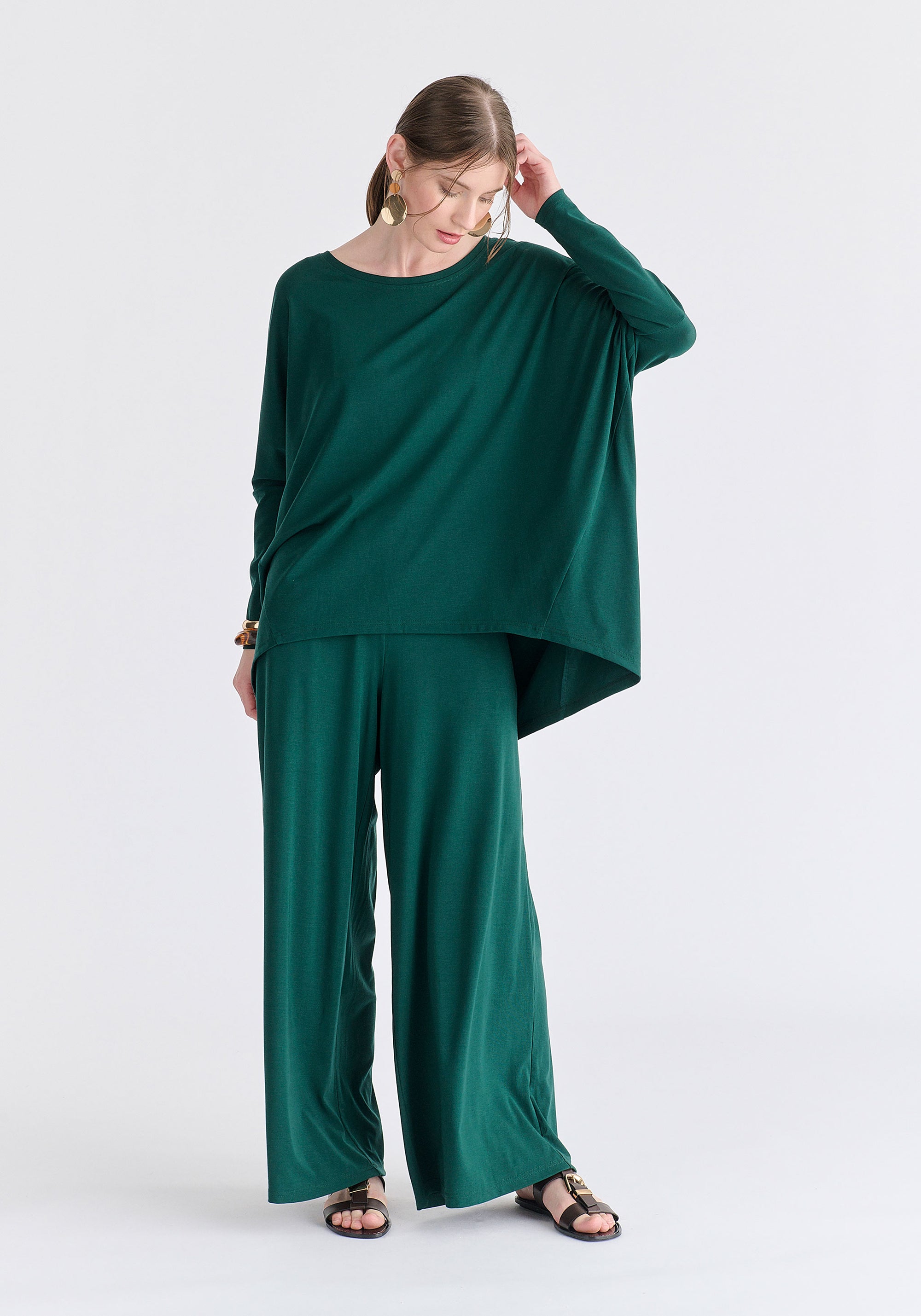 Wide Neck Oversized Lyocell Jersey Top in Green Front