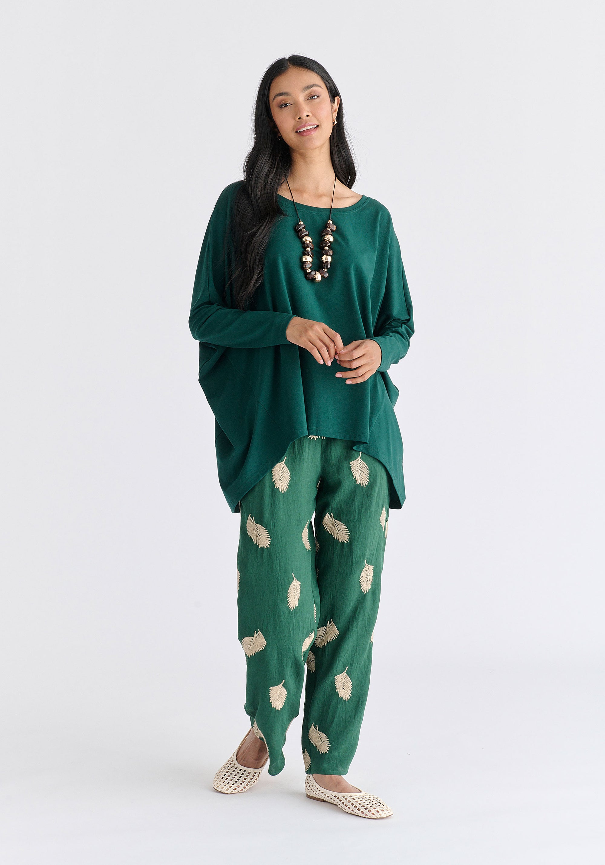 Wide Neck Oversized Lyocell Jersey Top in Green Front