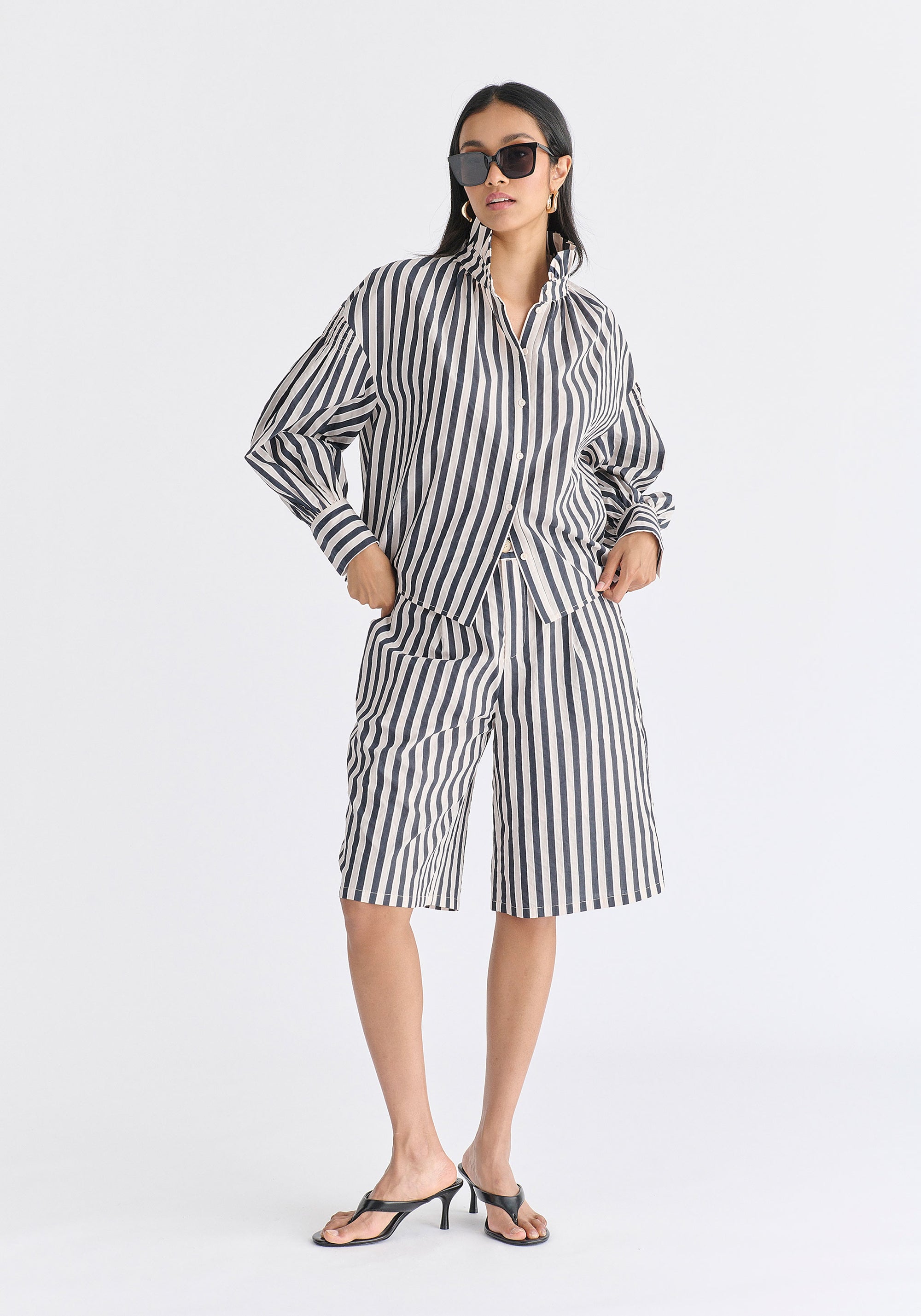 Striped Puff Sleeve Shirt with Ruffled Collar