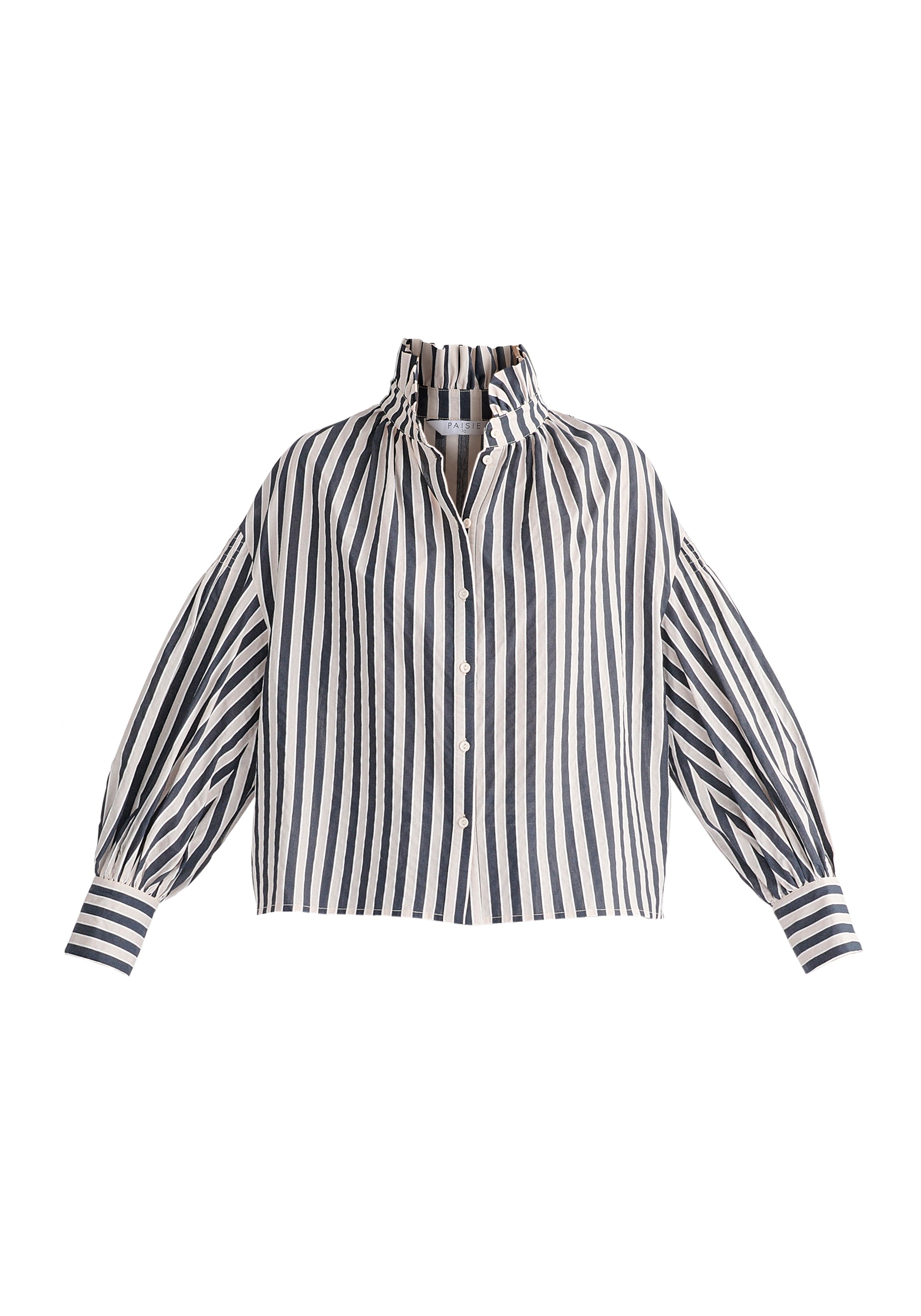 Striped Puff Sleeve Shirt with Ruffled Collar