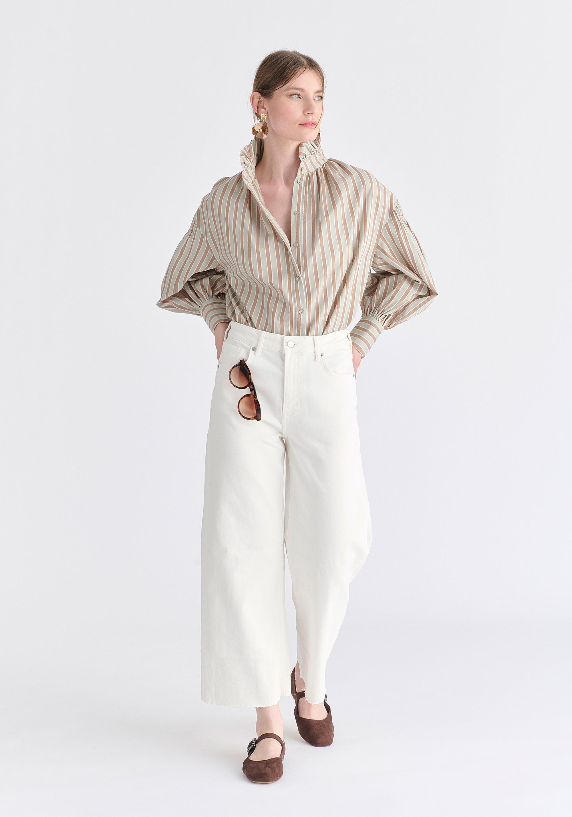 Striped Puff Sleeve Shirt with Ruffled Collar