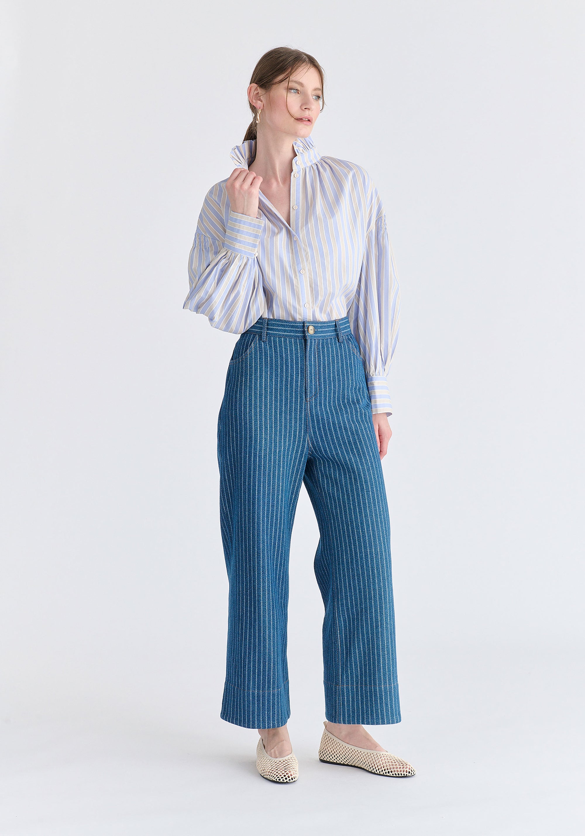 Striped Puff Sleeve Shirt with Ruffled Collar